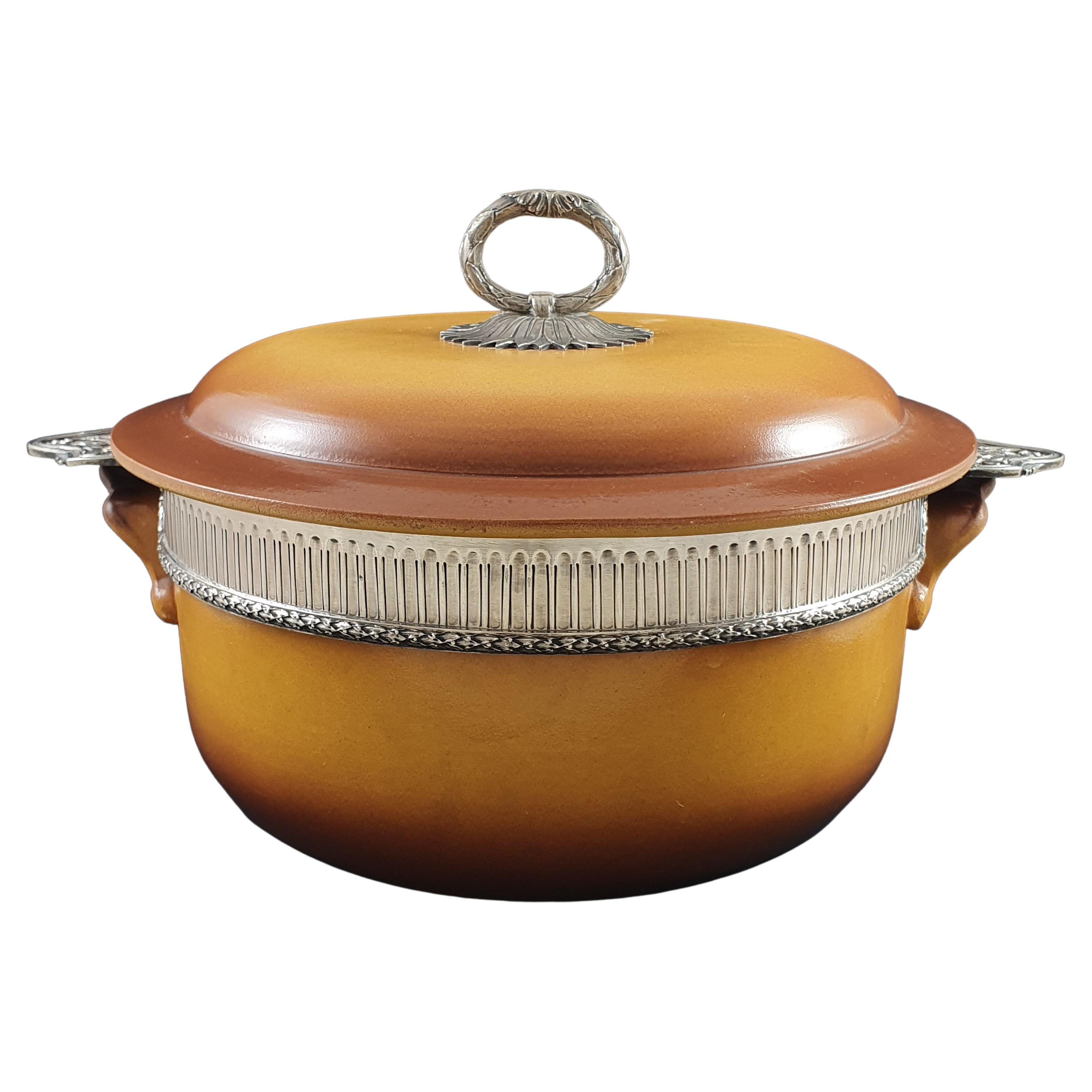 19th French Terracotta and Sterling Silver Vegetable Dish