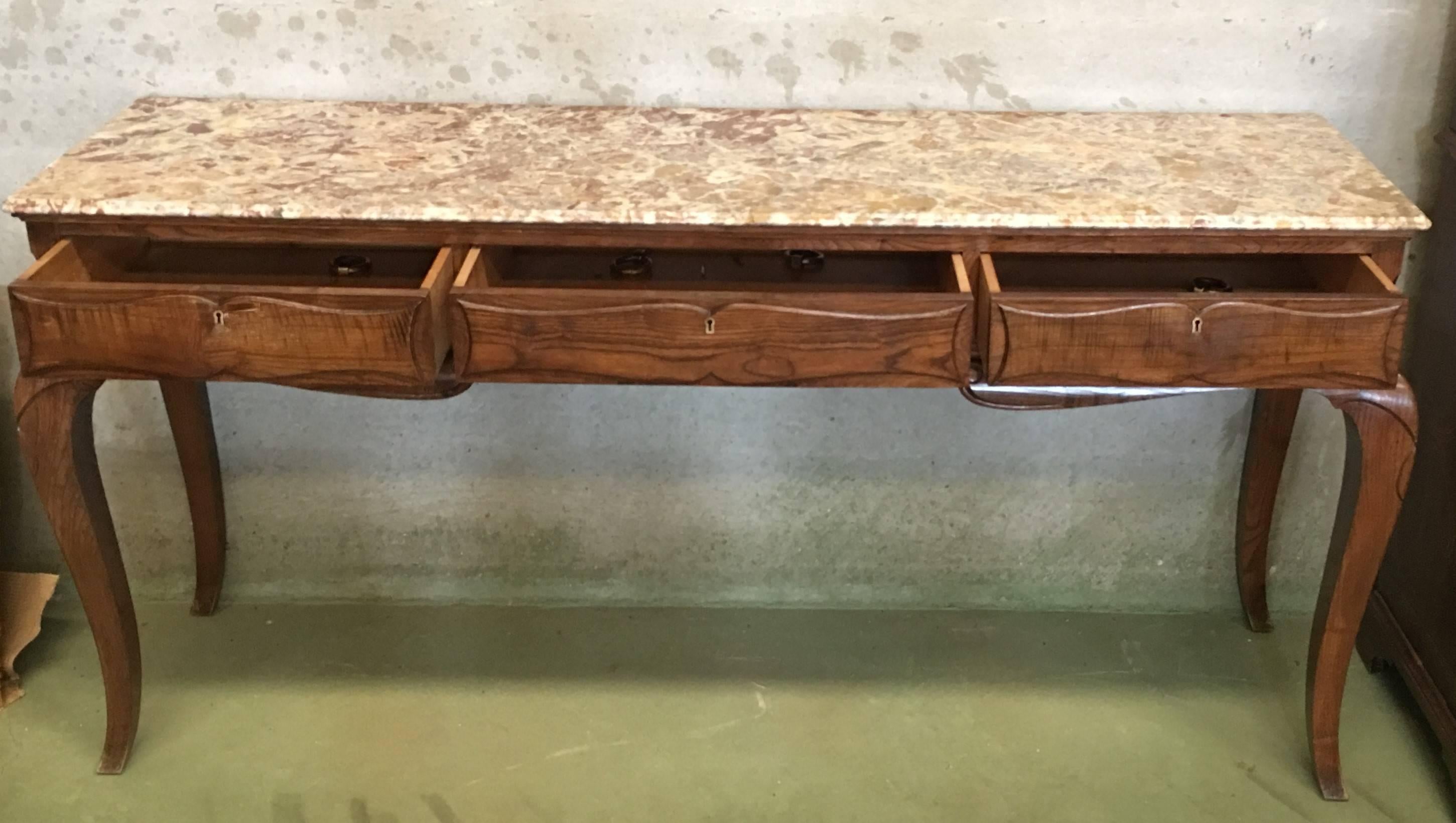 19th French Three Drawers Console Table with Top Marble In Excellent Condition In Miami, FL