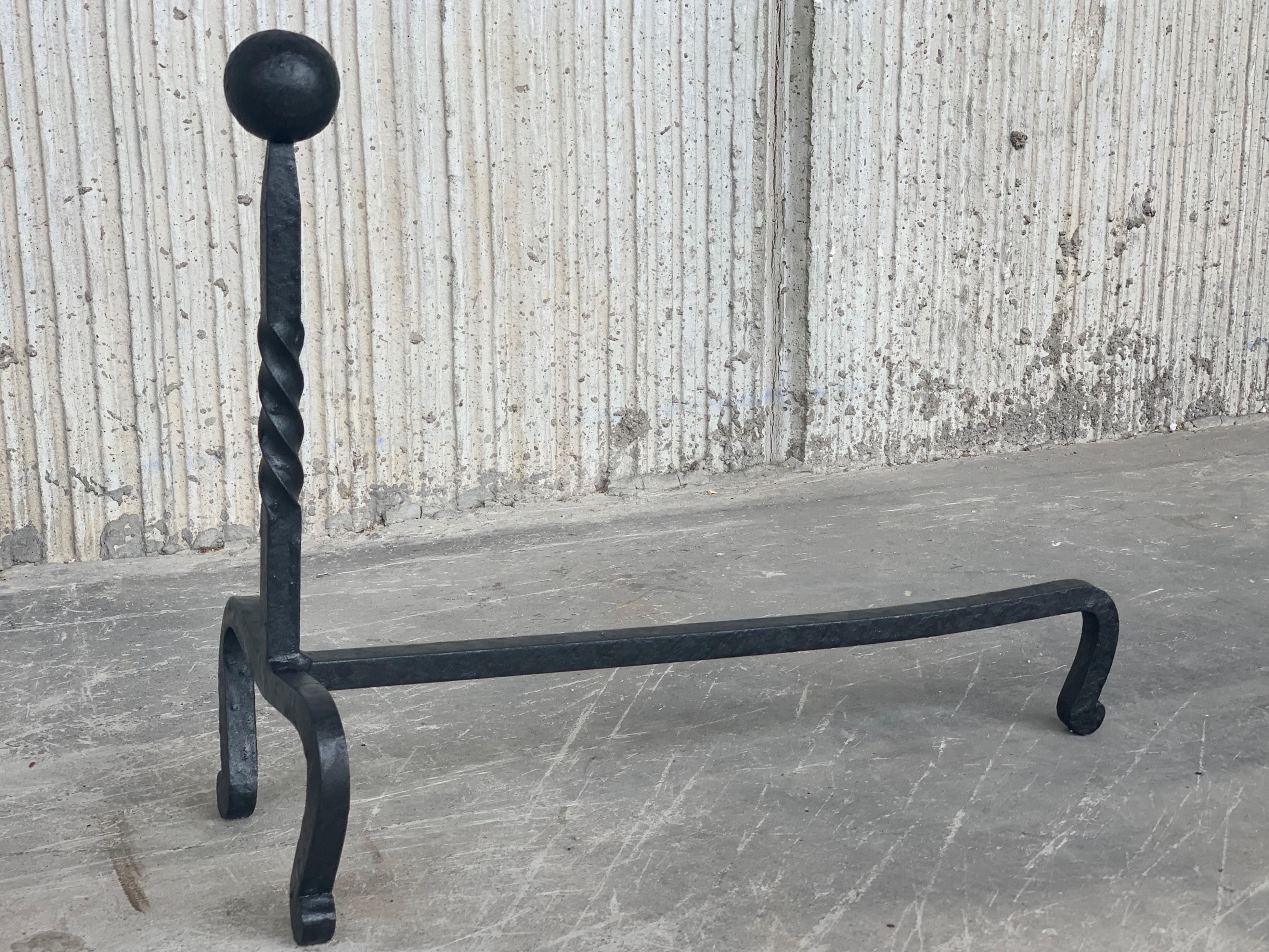 Baroque 19th French Wrought Iron Firedogs or Andirons