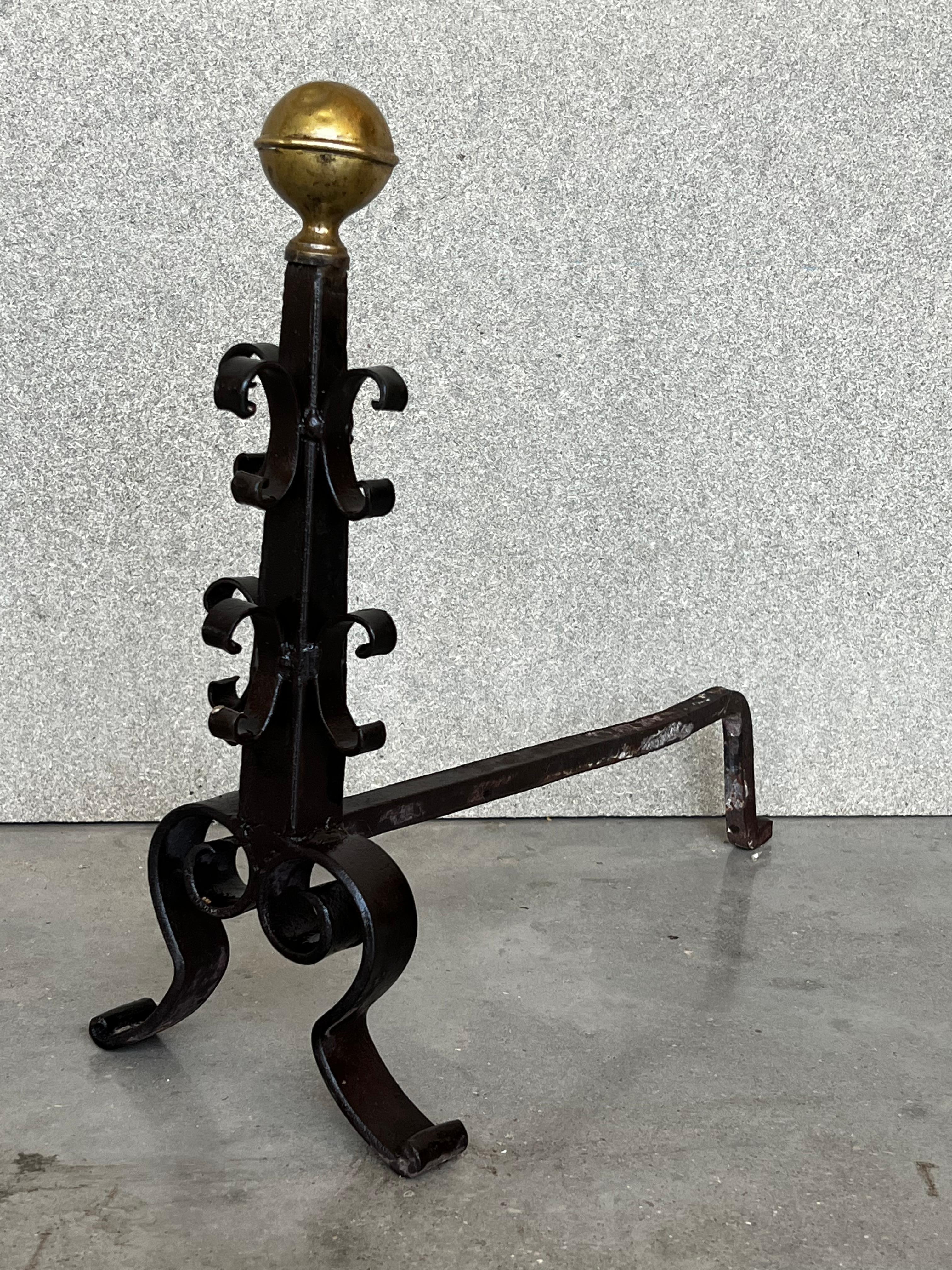Baroque 19th French Wrought Iron Firedogs or Andirons For Sale