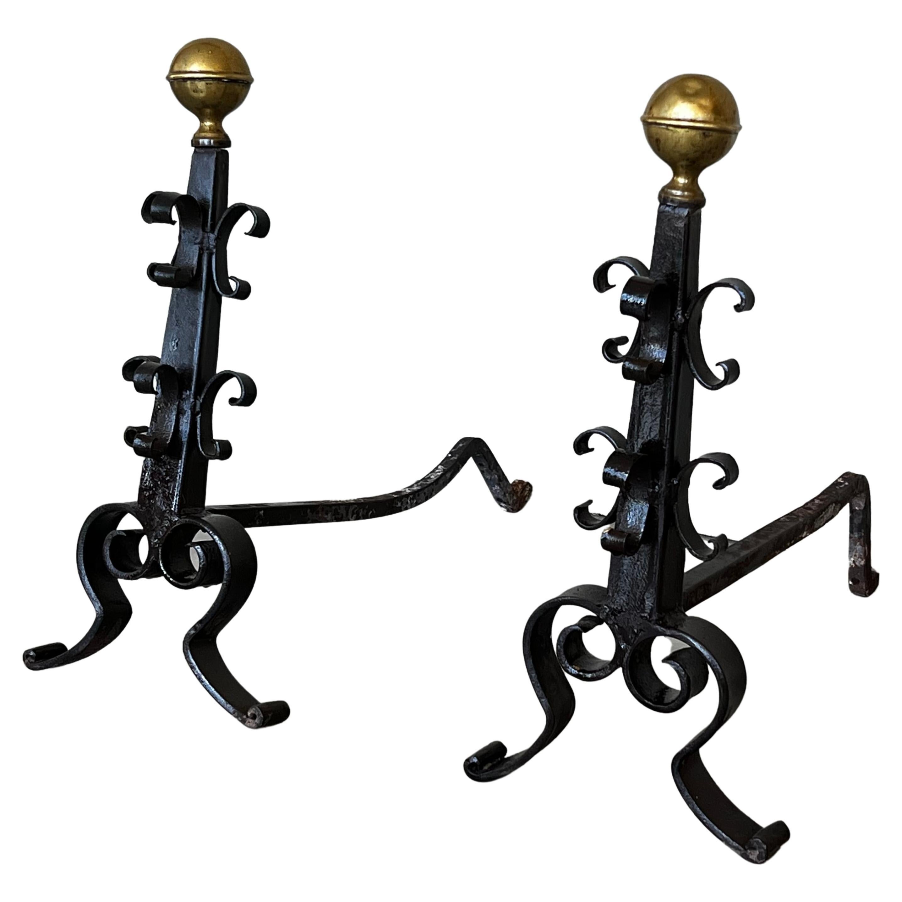 19th French Wrought Iron Firedogs or Andirons For Sale