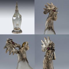 19th German Solid Silver and Etched Glass Novelty Decanter, circa 1890