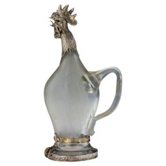 Carafe fantaisie allemande du 19ème siècle en argent massif et verre gravé, vers 1890