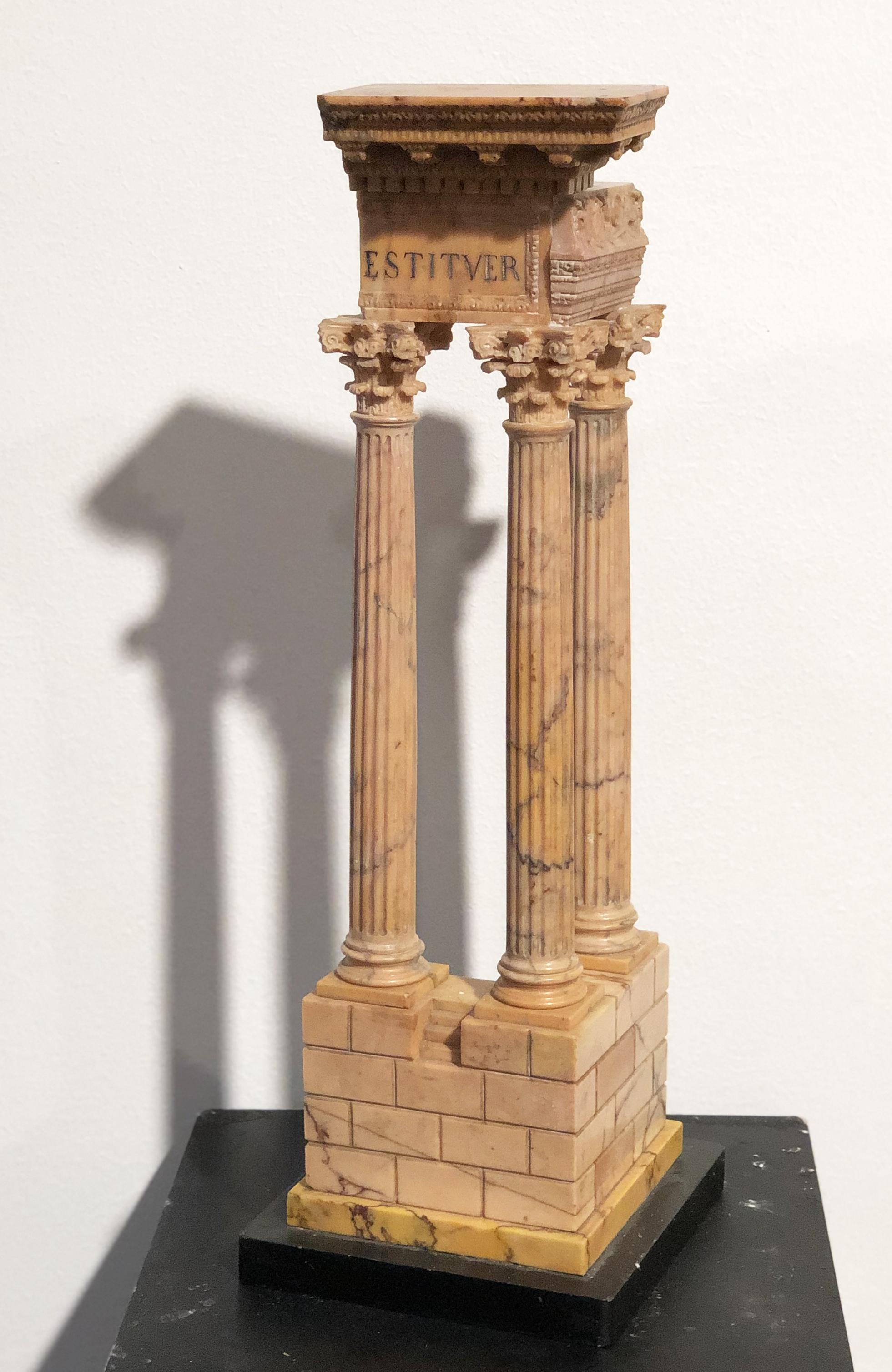 A superlative model of the temple of emperors Vespasiano and Tito made in a specimen and rare marble, the ancient yellow from Numidia. This is a very classical pieces of Grand Tour.
The term 