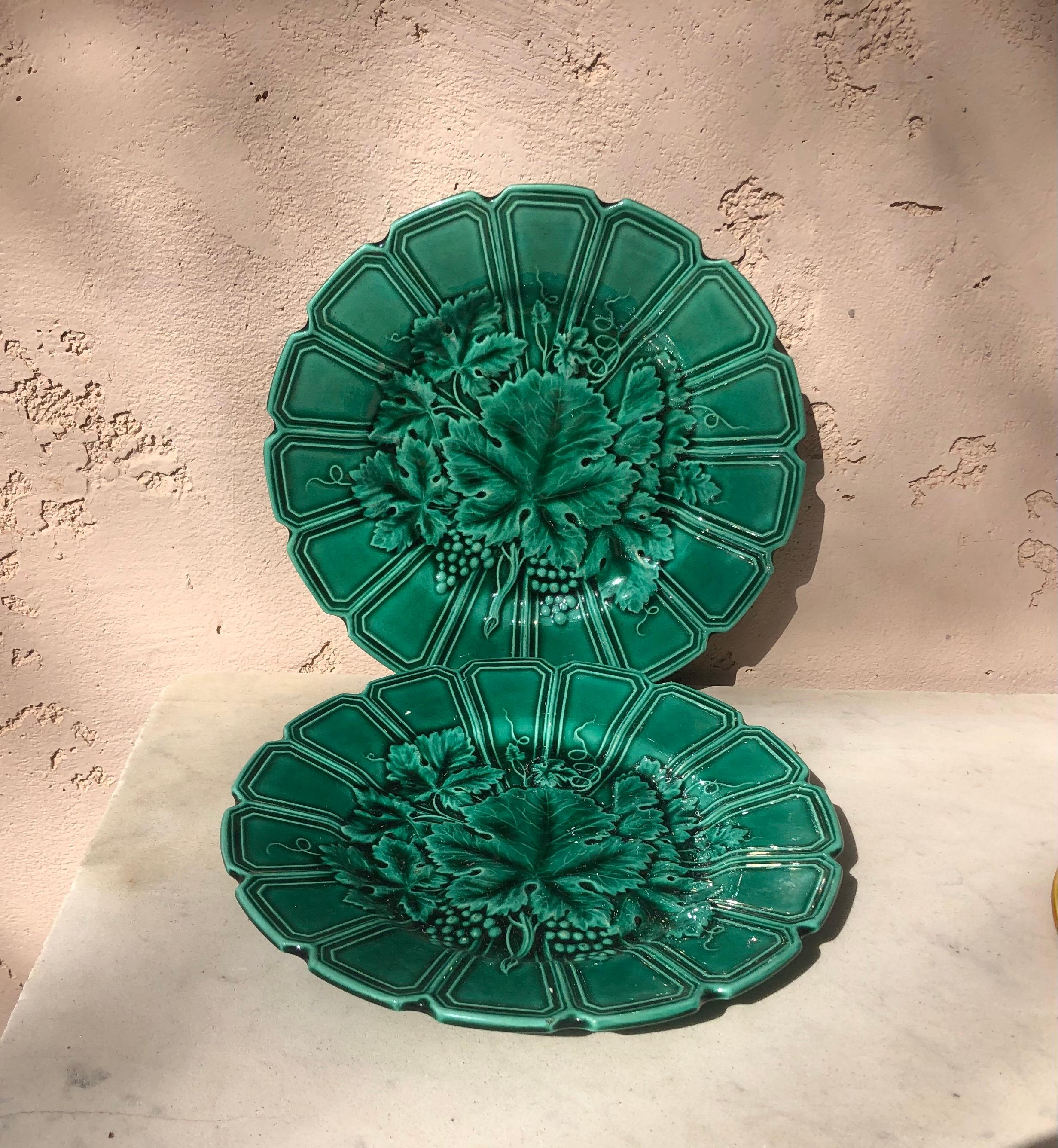 Country 19th Century Green Majolica Leaves Plate Sarreguemines