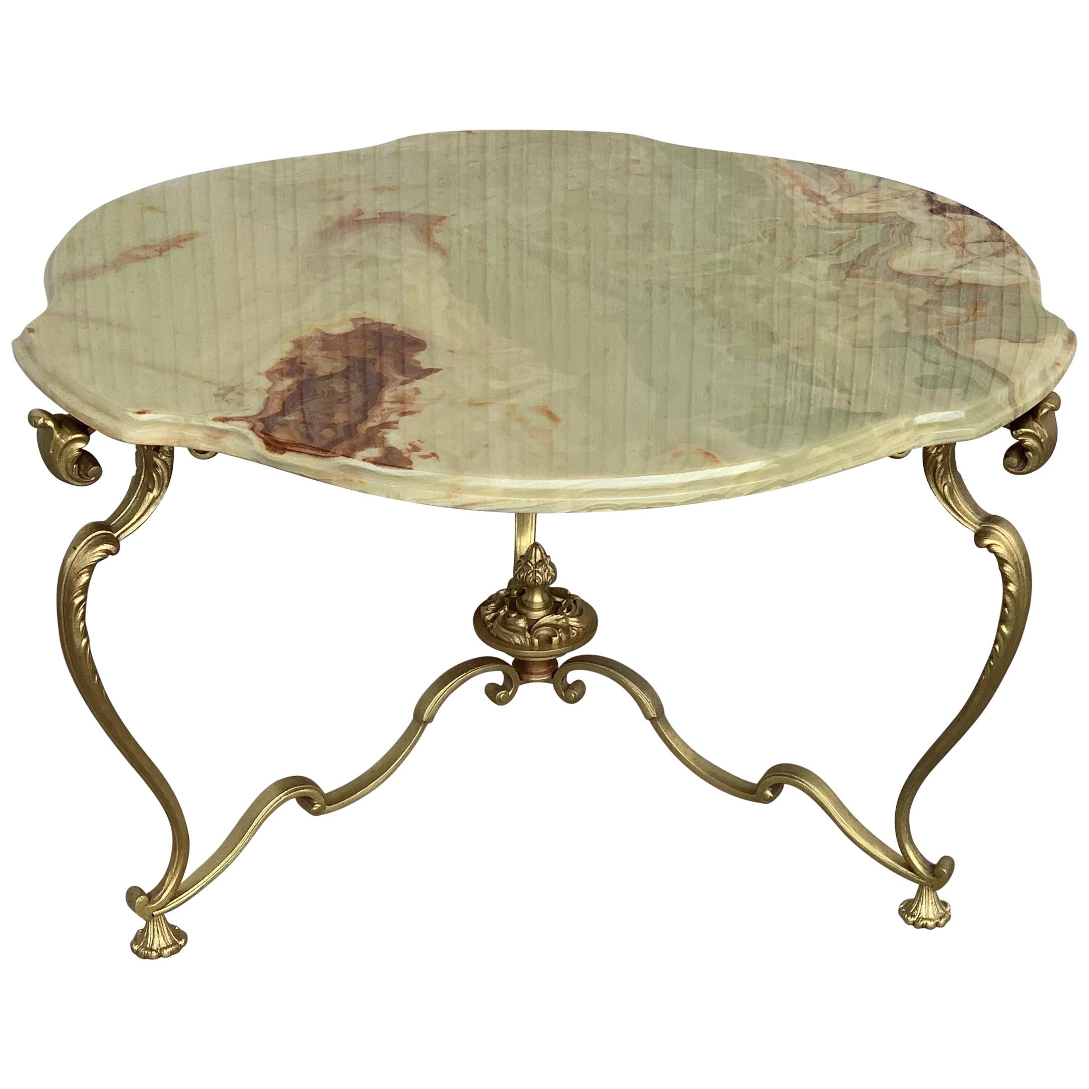 19th Green Onyx Clover Form Top and Bronze Legs Coffee Table