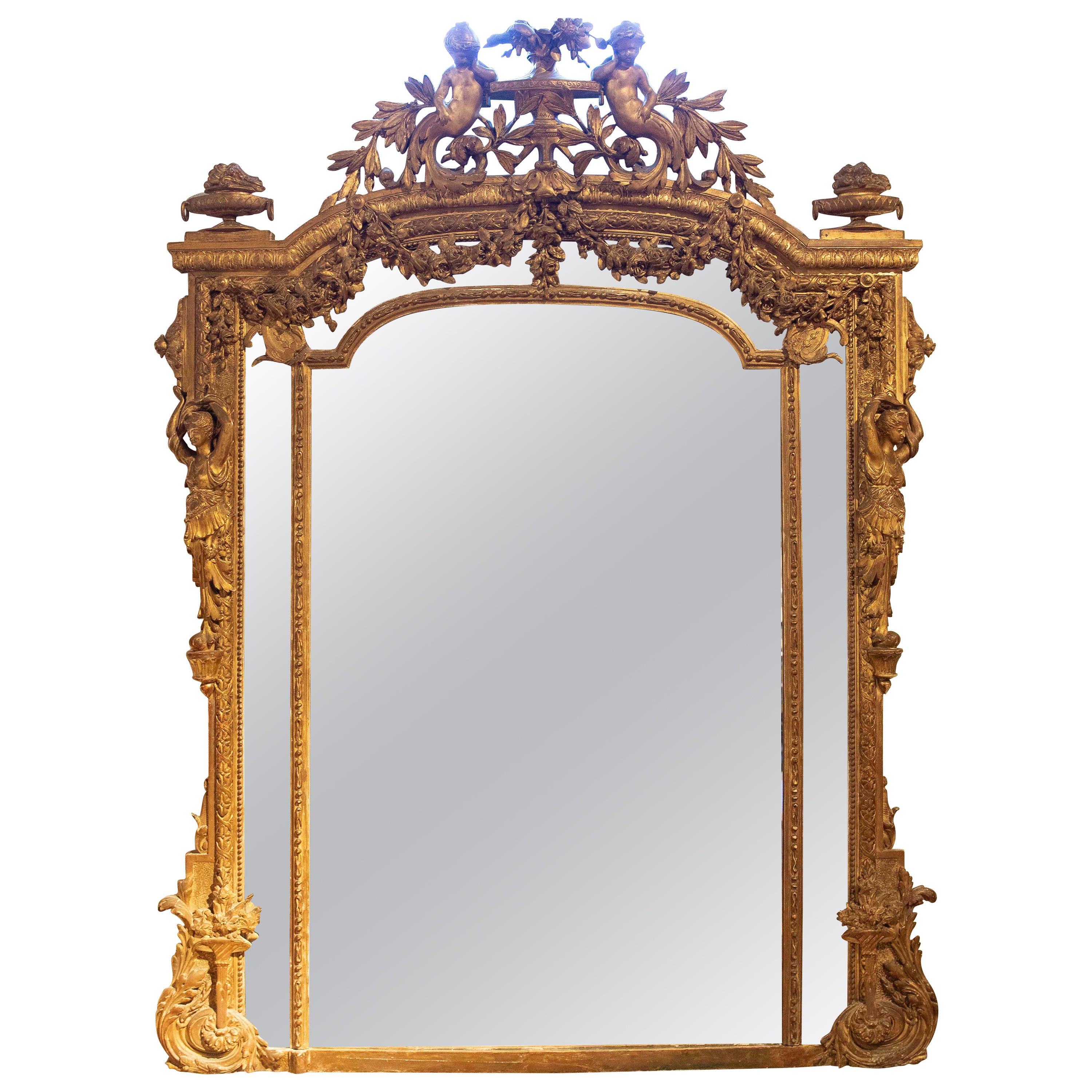 19th Hand Carved French Wall Mirror and Gilded Wood