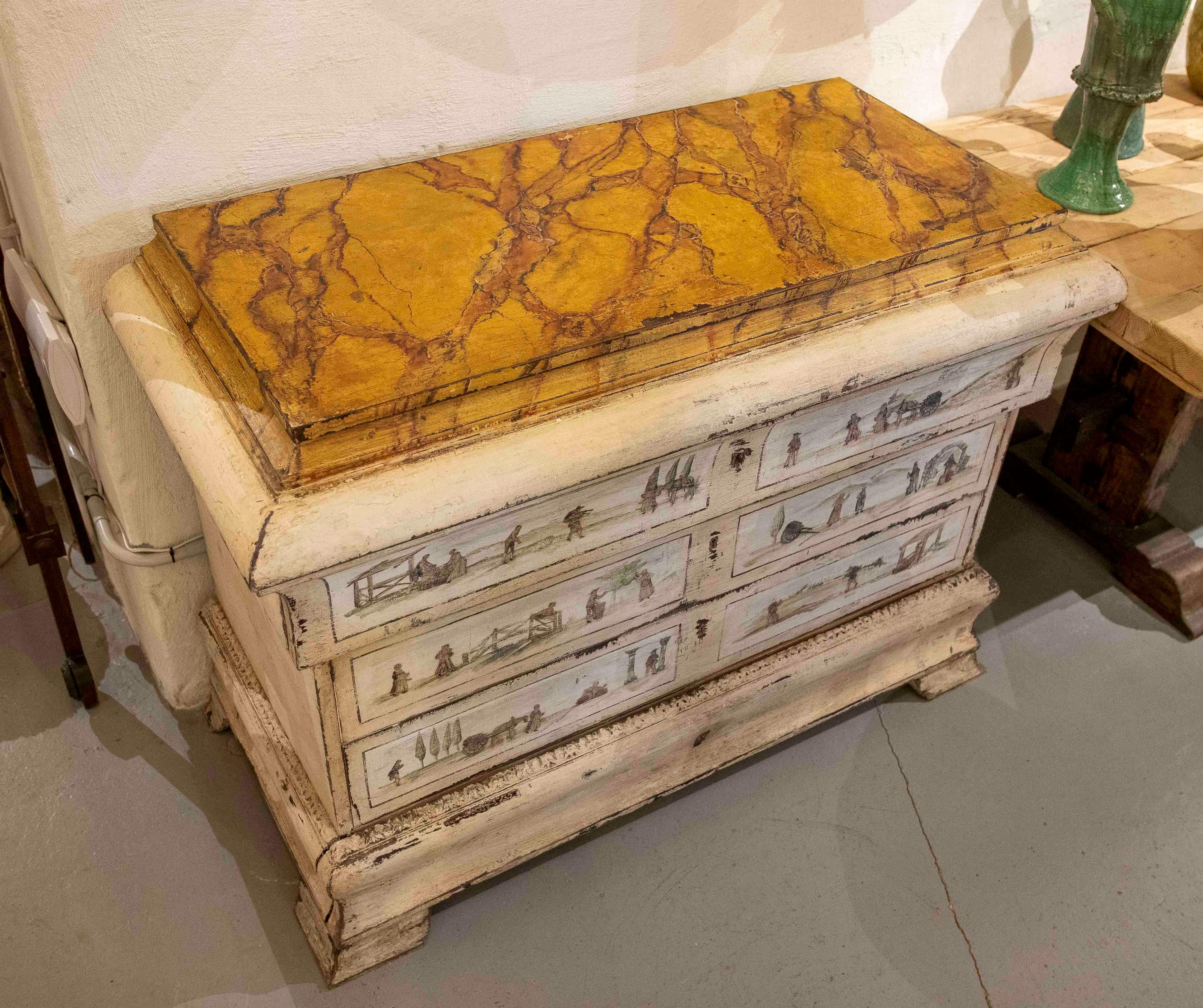 19th Hand-Painted Italian Chest of Drawers with Country Scenes In Good Condition For Sale In Marbella, ES