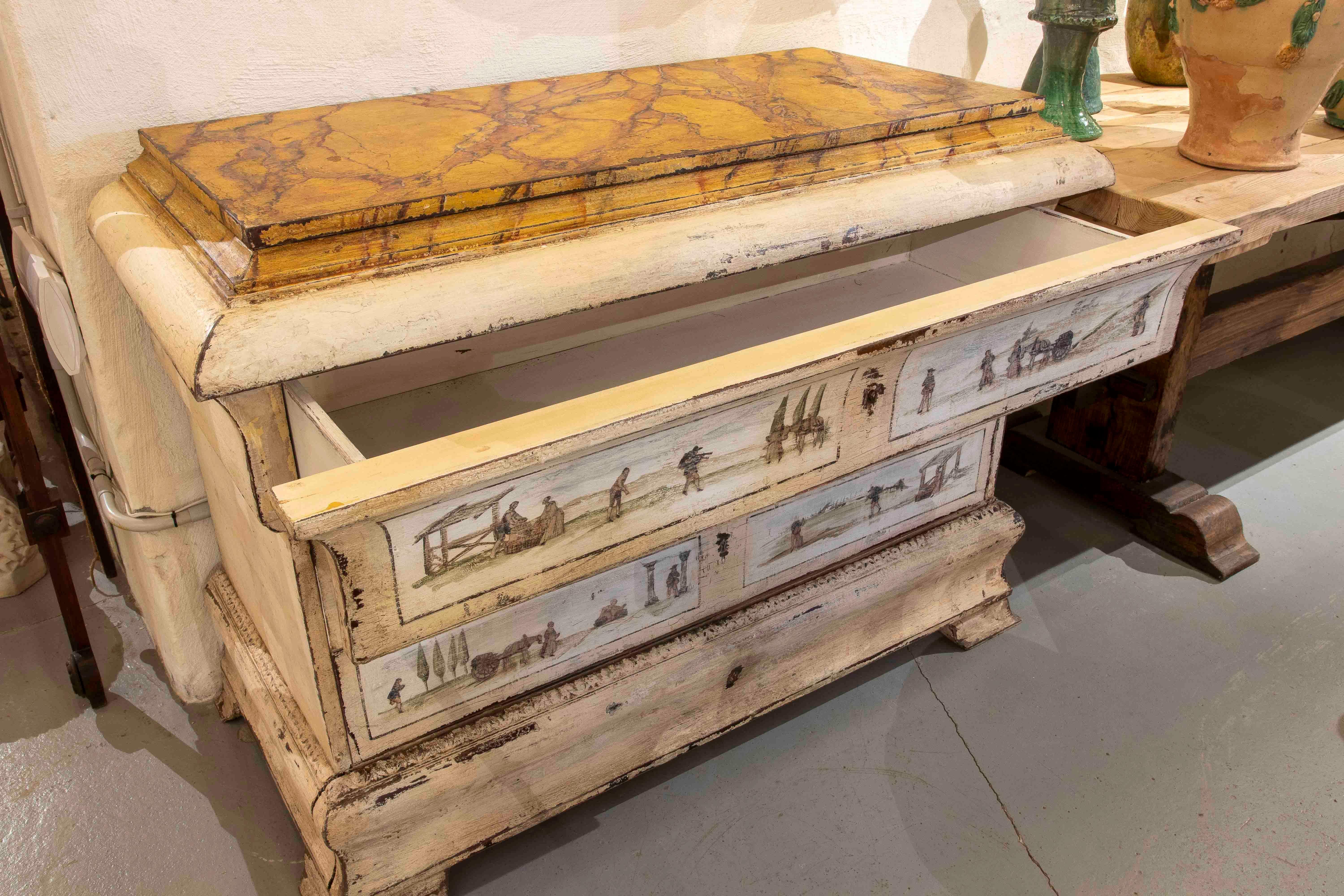 Wood 19th Hand-Painted Italian Chest of Drawers with Country Scenes For Sale