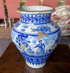 19th Hand-painted Large Blue and White Ceramic Jar from Triana