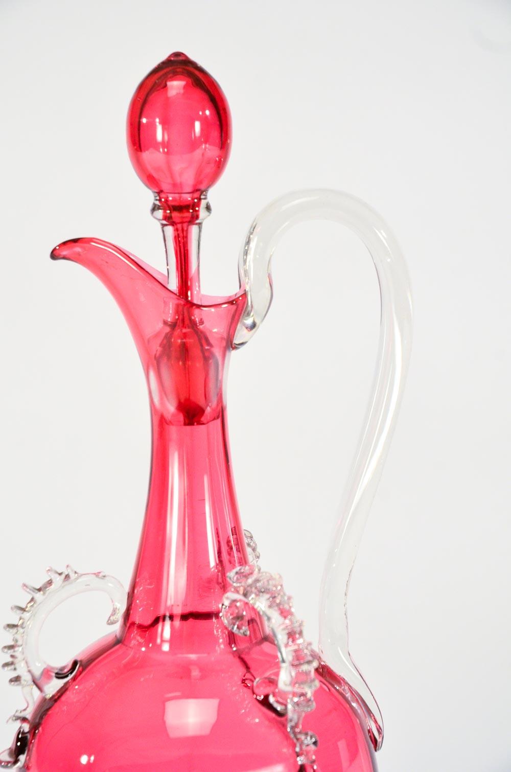 Appliqué Handblown Cranberry Decanter Claret Jug with Applied Clear Handle and Rigaree For Sale