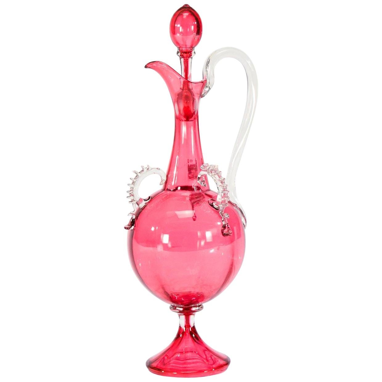 Handblown Cranberry Decanter Claret Jug with Applied Clear Handle and Rigaree For Sale