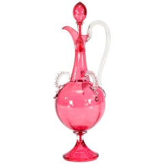 Handblown Cranberry Decanter Claret Jug with Applied Clear Handle and Rigaree