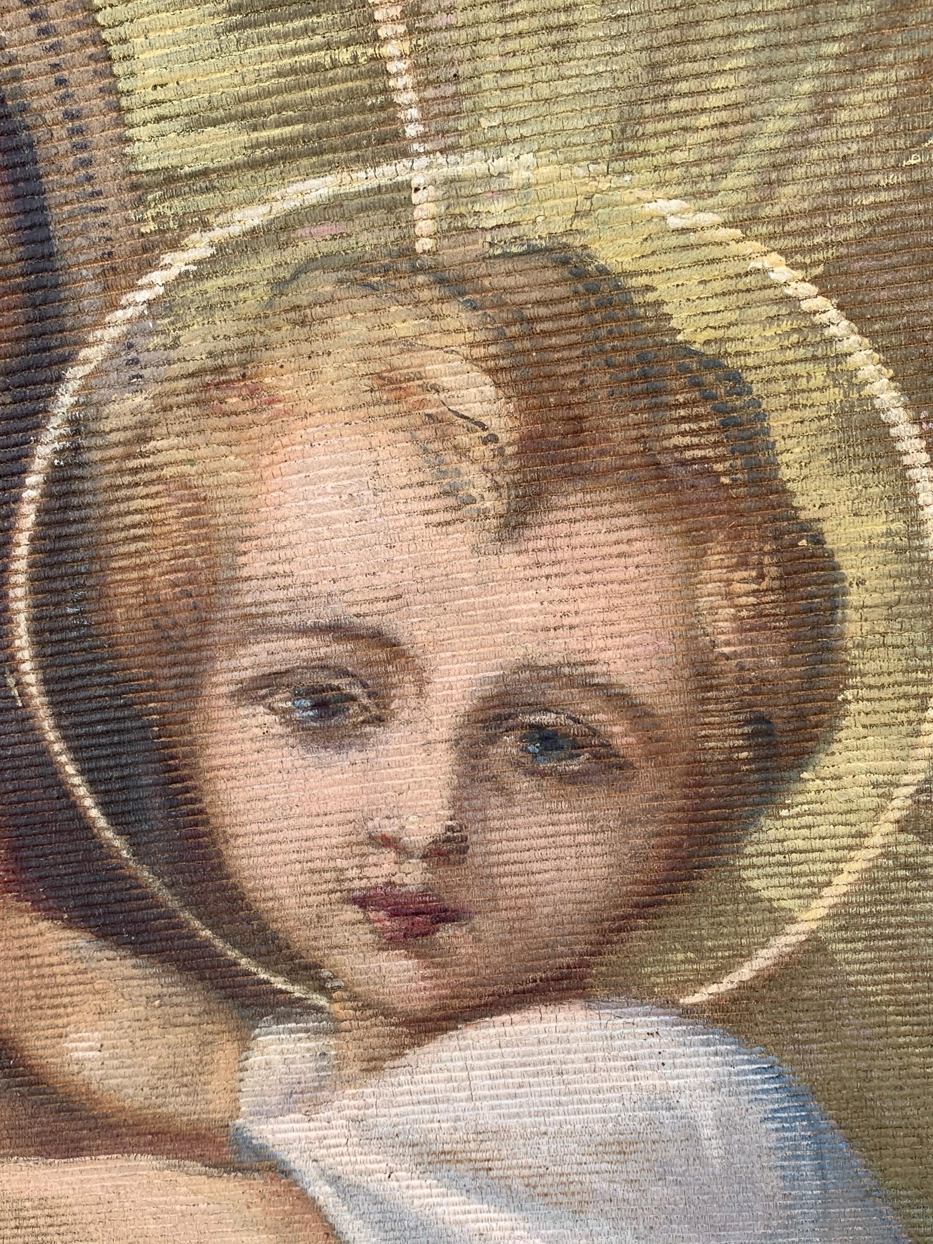italien Tapisserie peinte à la main du 19ème siècle représentant Madone avec un enfant en vente