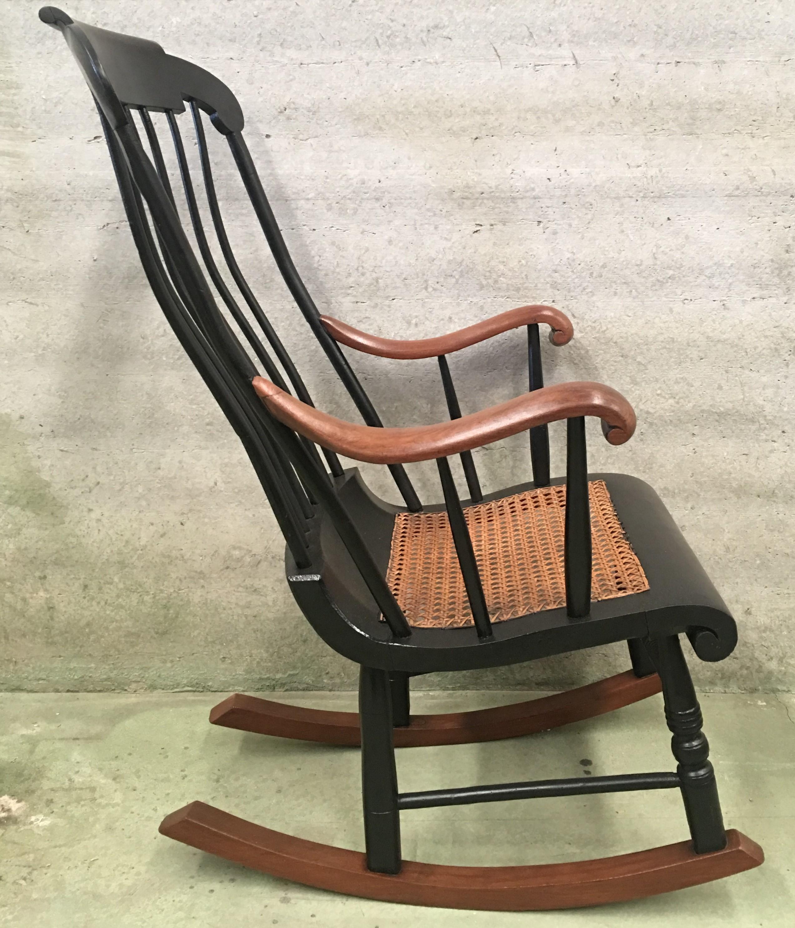 Scandinavian Modern 19th Hitchcock Rocking Chair with Woven Seat and Black Painted