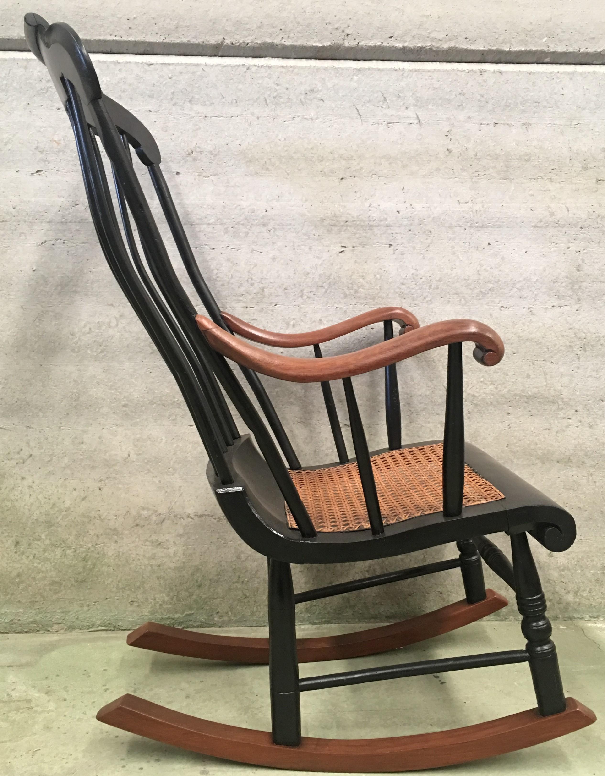 North American 19th Hitchcock Rocking Chair with Woven Seat and Black Painted
