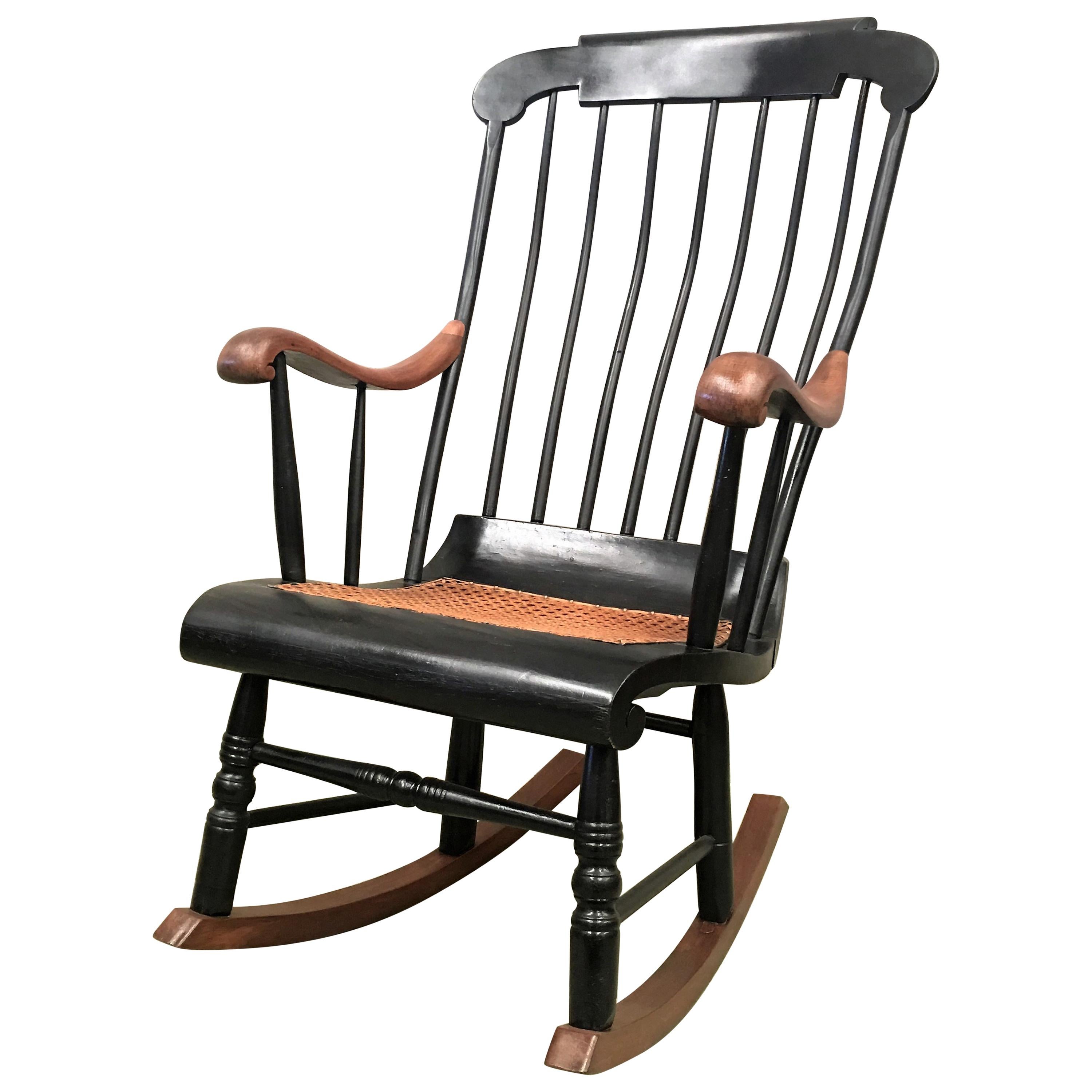 19th Hitchcock Rocking Chair with Woven Seat and Black Painted