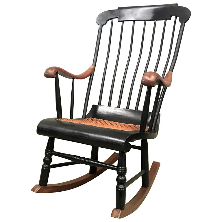 19th Hitchcock Rocking Chair with Woven Seat and Black Painted at 1stDibs |  black painted rocking chair, hitchcock rockers, l hitchcock rocking chair