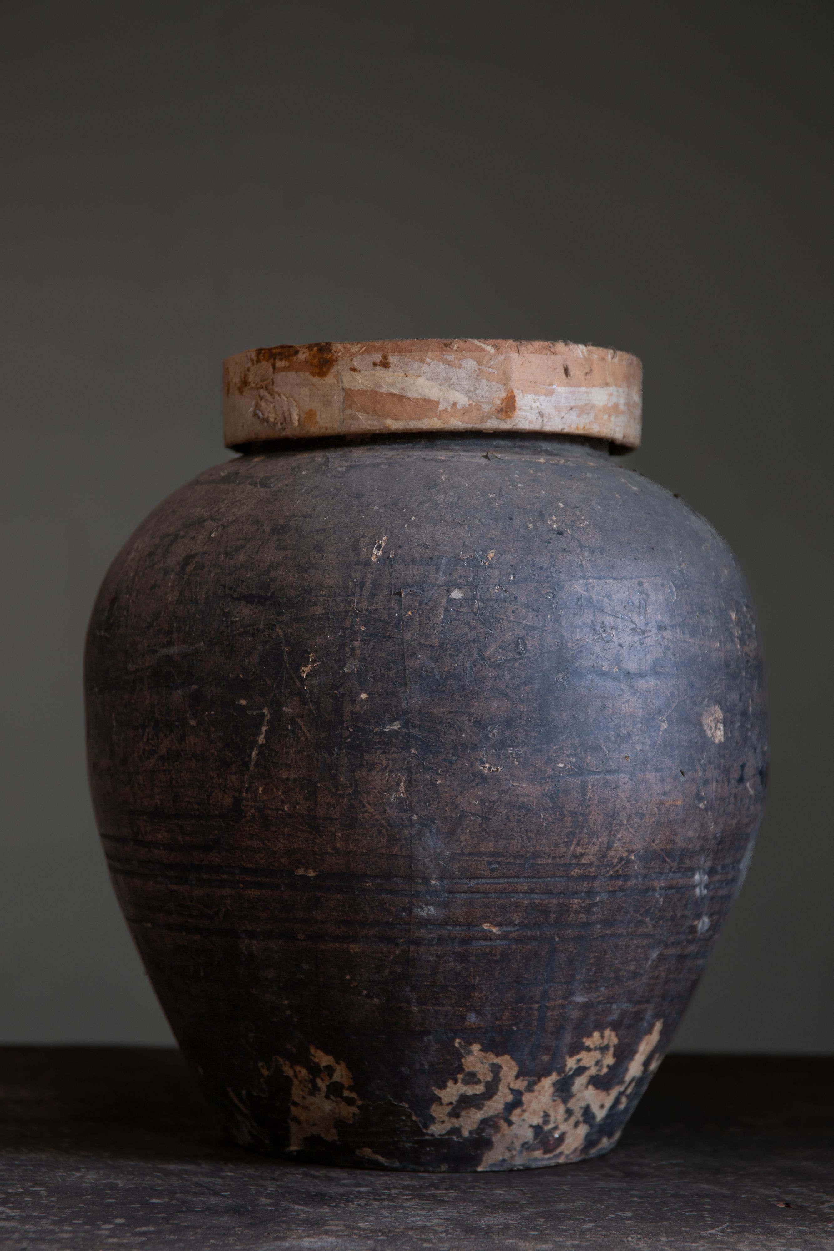 Antico Tsubo giapponese del 19° secolo, vaso in ceramica rivestito di carta con coperchio, vaso da tè wabi sabi in vendita 6