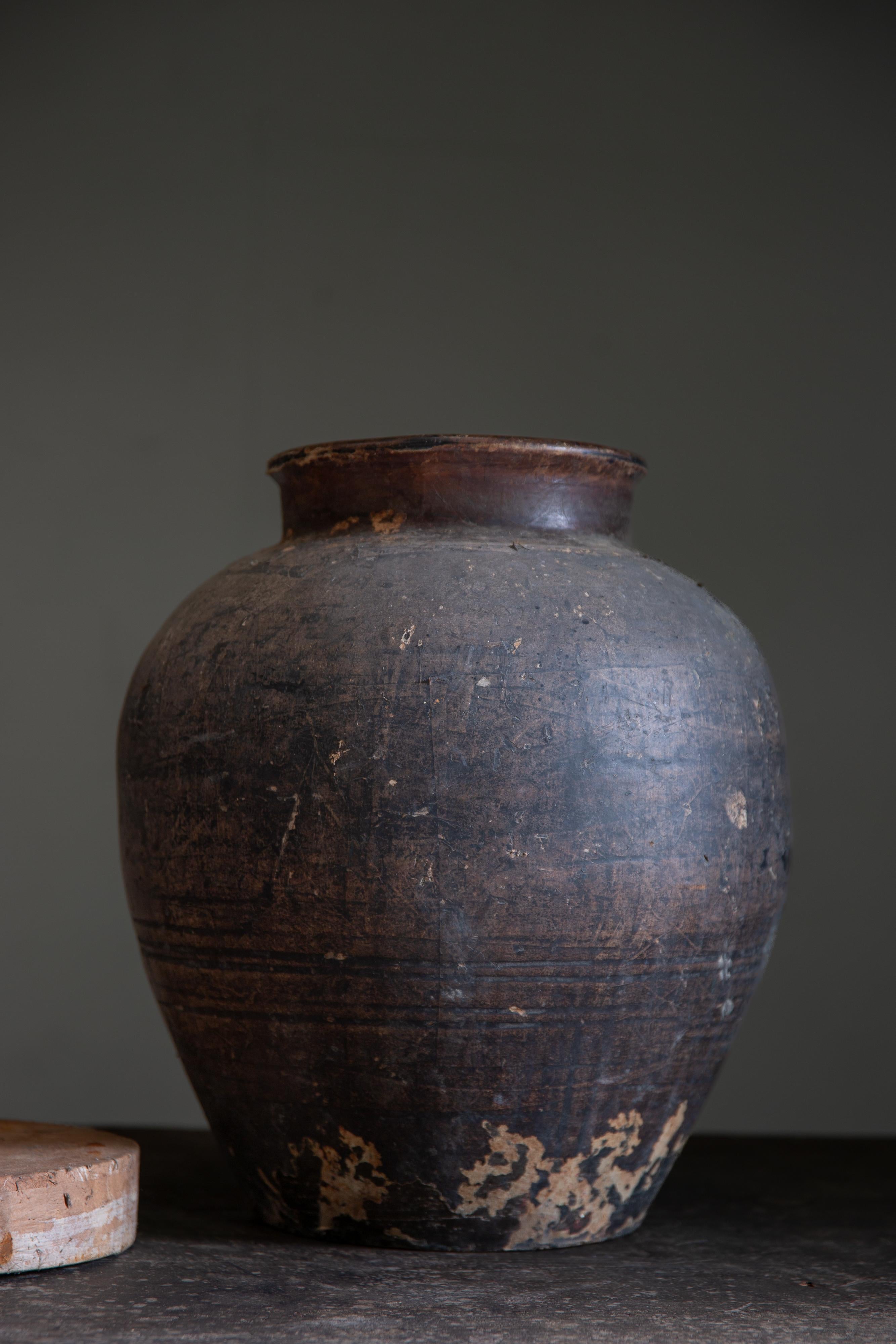 Antico Tsubo giapponese del 19° secolo, vaso in ceramica rivestito di carta con coperchio, vaso da tè wabi sabi in vendita 7