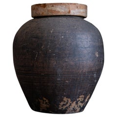 Antico Tsubo giapponese del 19° secolo, vaso in ceramica rivestito di carta con coperchio, vaso da tè wabi sabi