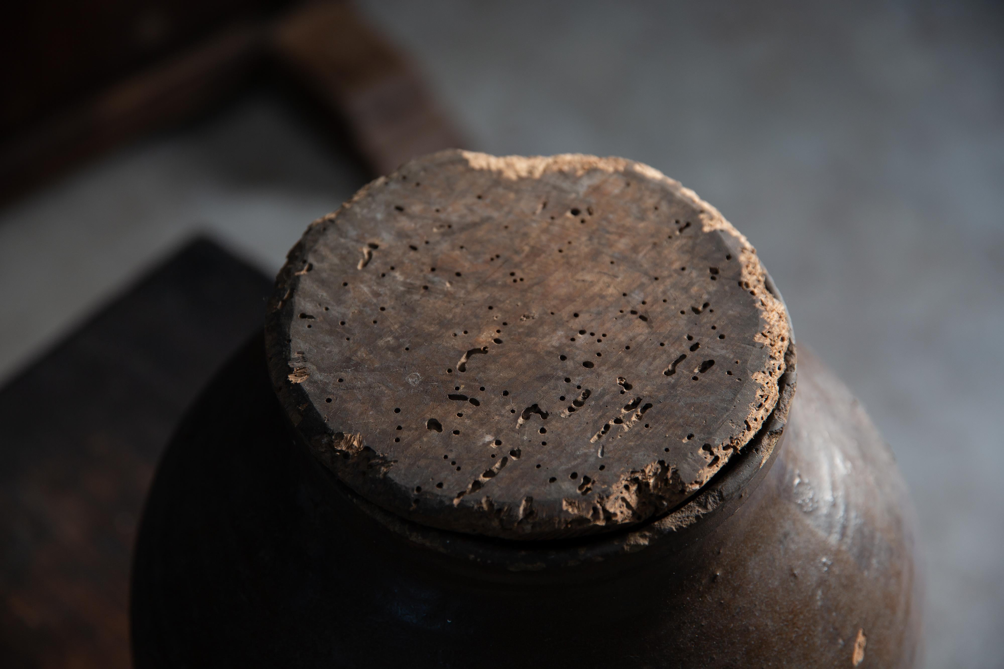 Antico Tsubo giapponese del 19° secolo, vaso in ceramica rivestito di carta, vaso wabi sabi, coperchio in legno in vendita 12