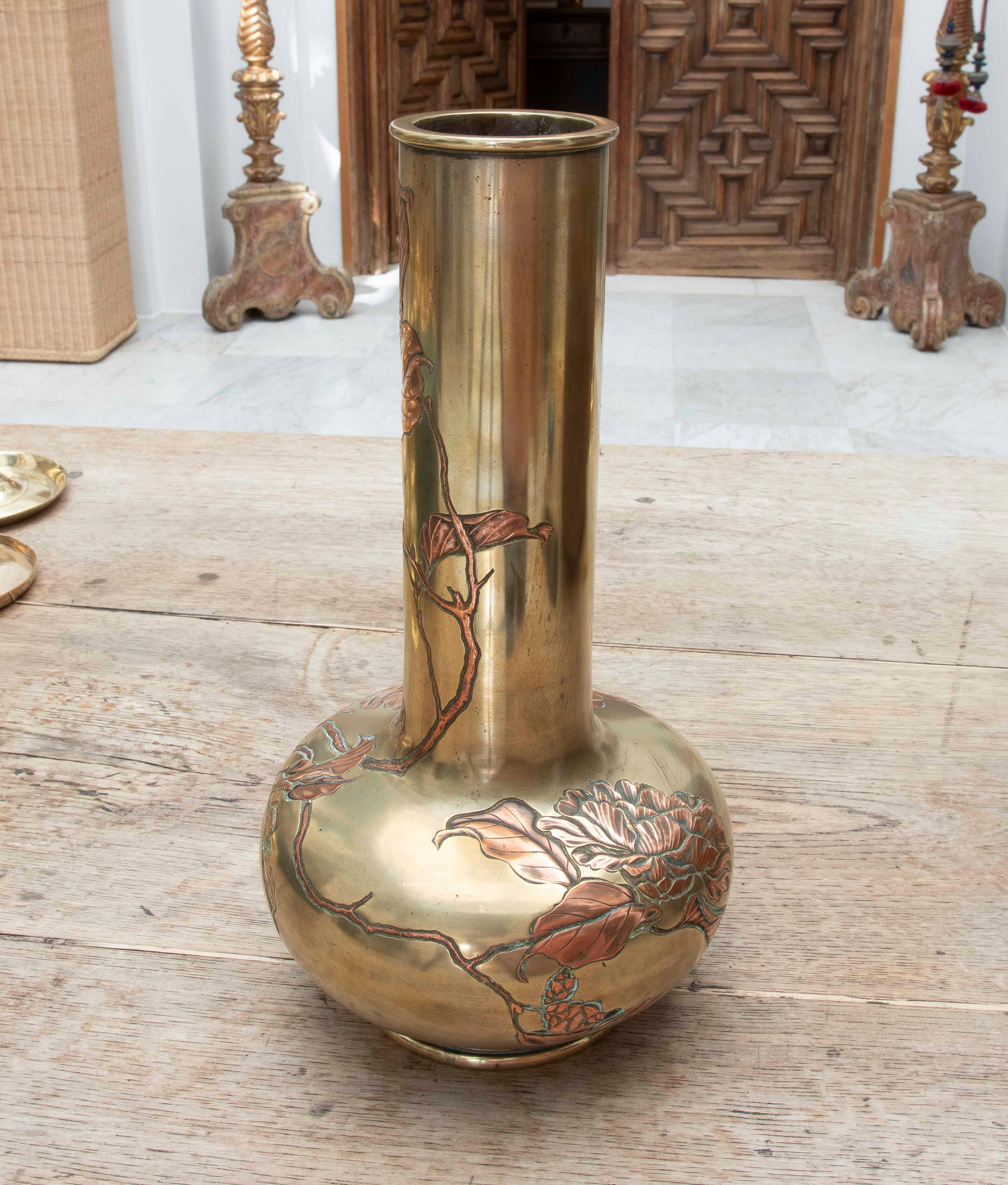 19th Century 19th Japanese Bronze Vase with a Floral Design. Meiji Period. For Sale