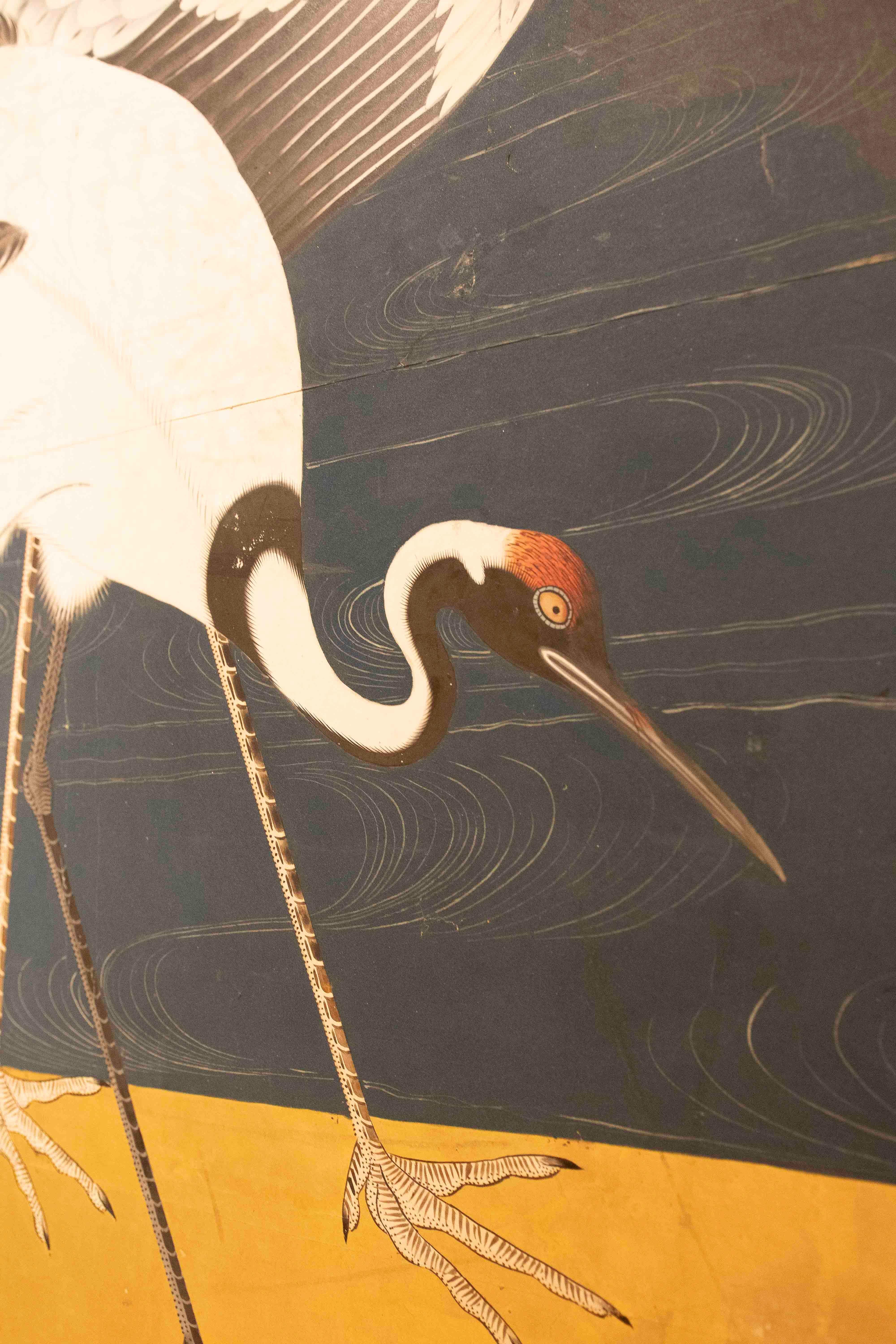 19th Japanese Screen with Cranes and Pine on a Golden Background For Sale 5