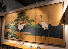 19th Japanese Screen with Cranes and Pine on a Golden Background
