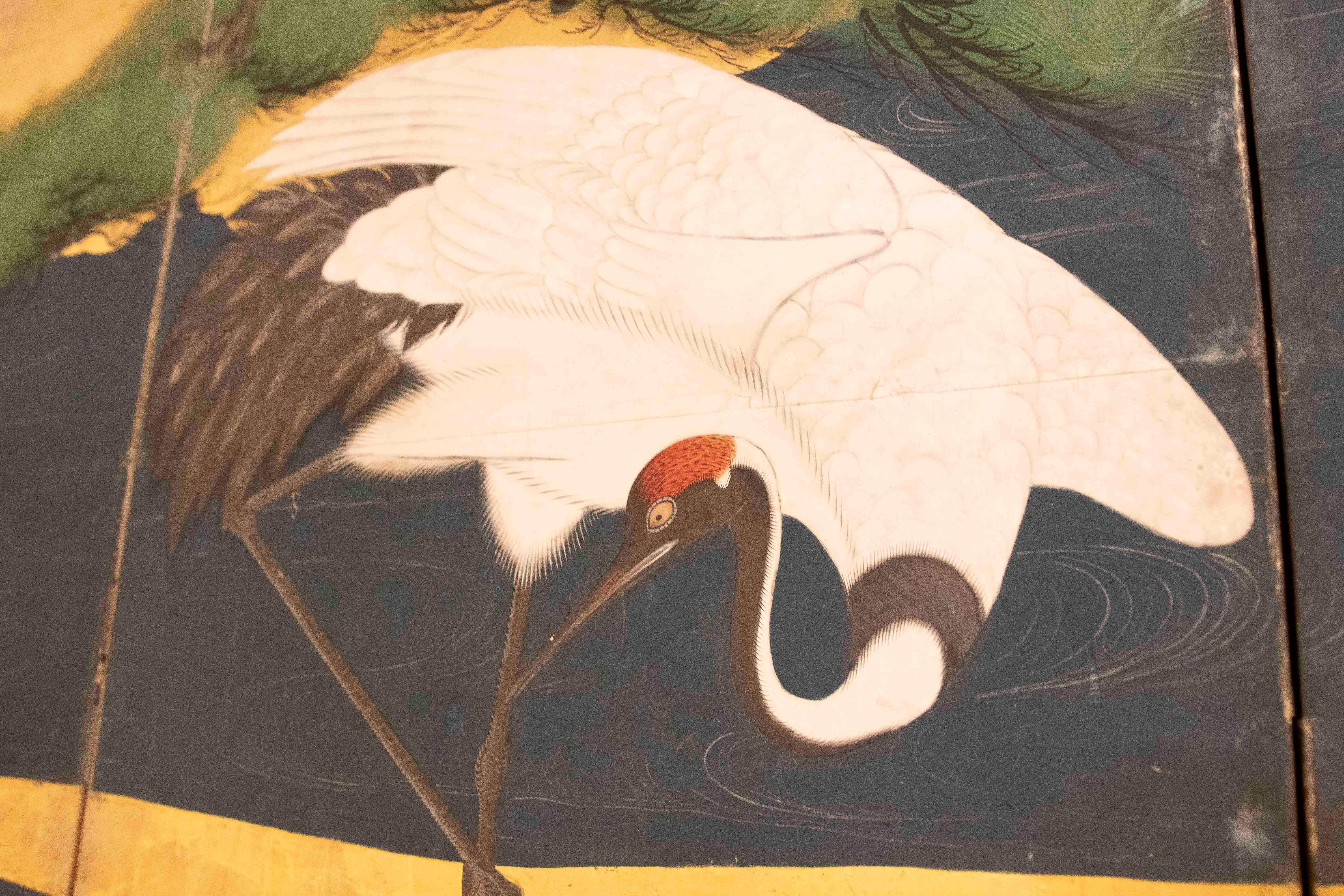 19th Japanese Screen with Cranes and Pine on a Golden Background For Sale 1
