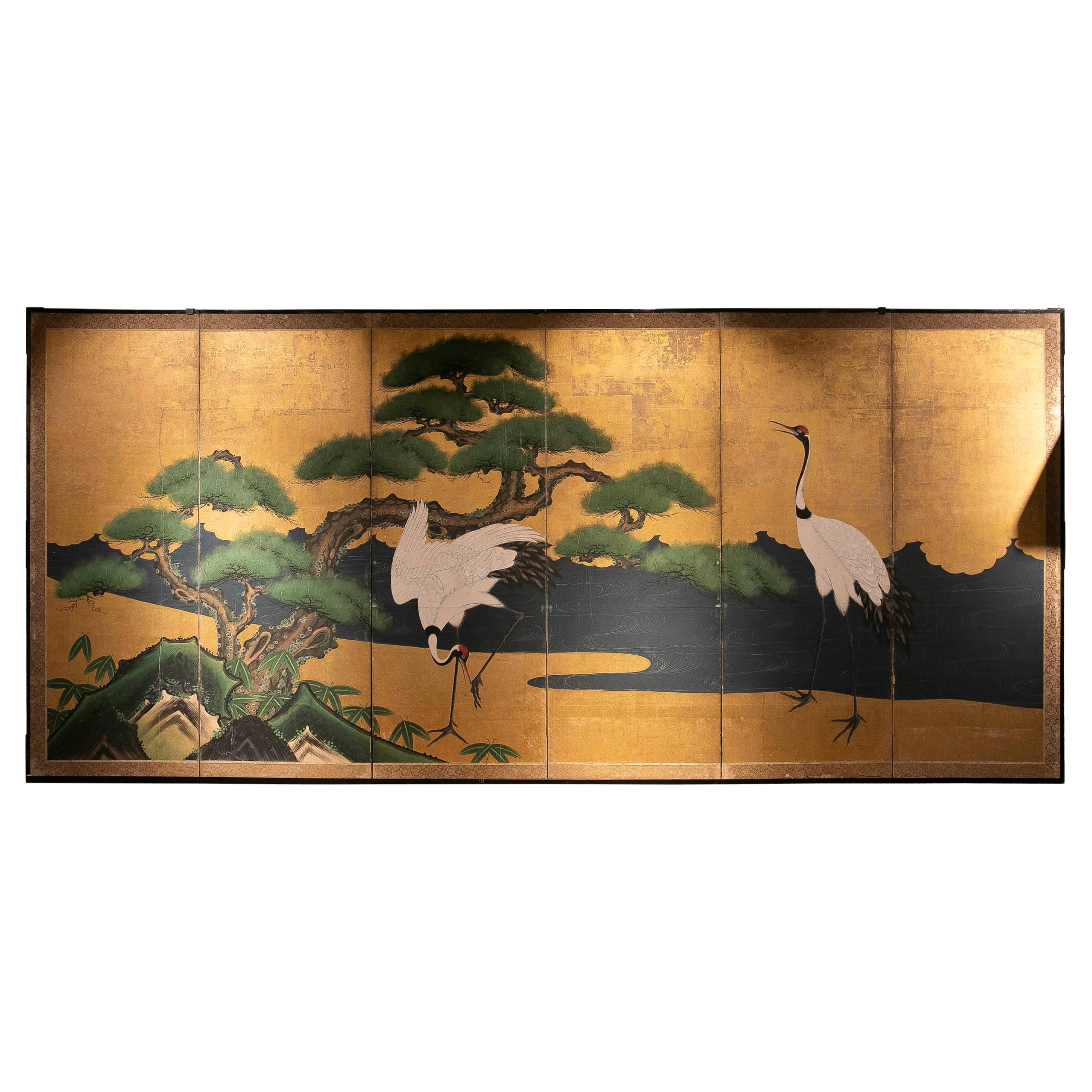 19th Japanese Screen with Cranes and Pine on a Golden Background For Sale