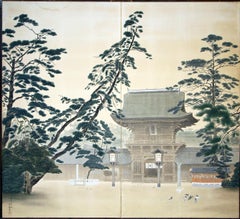19th Landscape with Forest Tall Trees and Temple, Japanese Screen Hand Paint