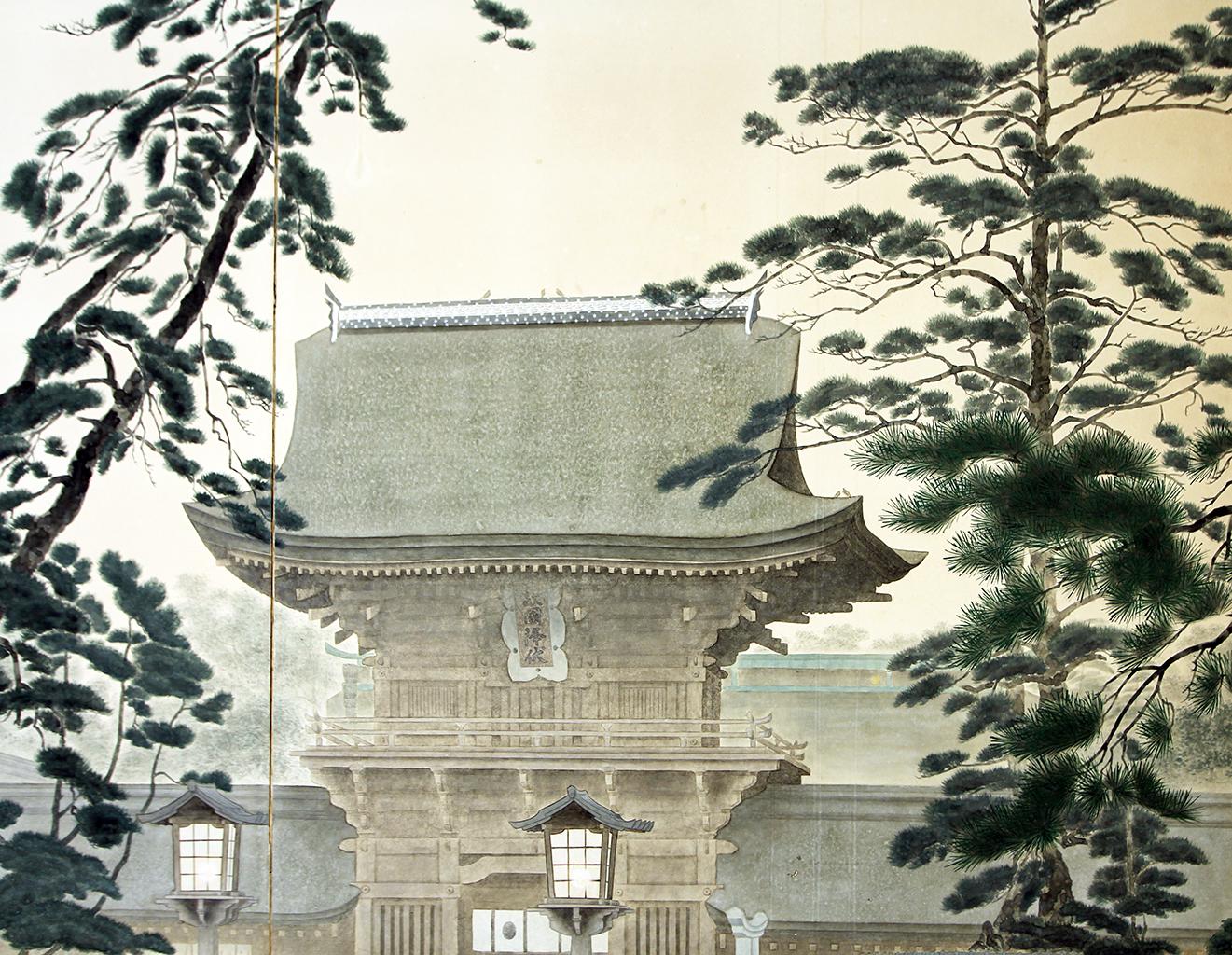 19th Century 19th Landscape with Forest Tall Trees and Temple, Japanese Screen Hand Paint