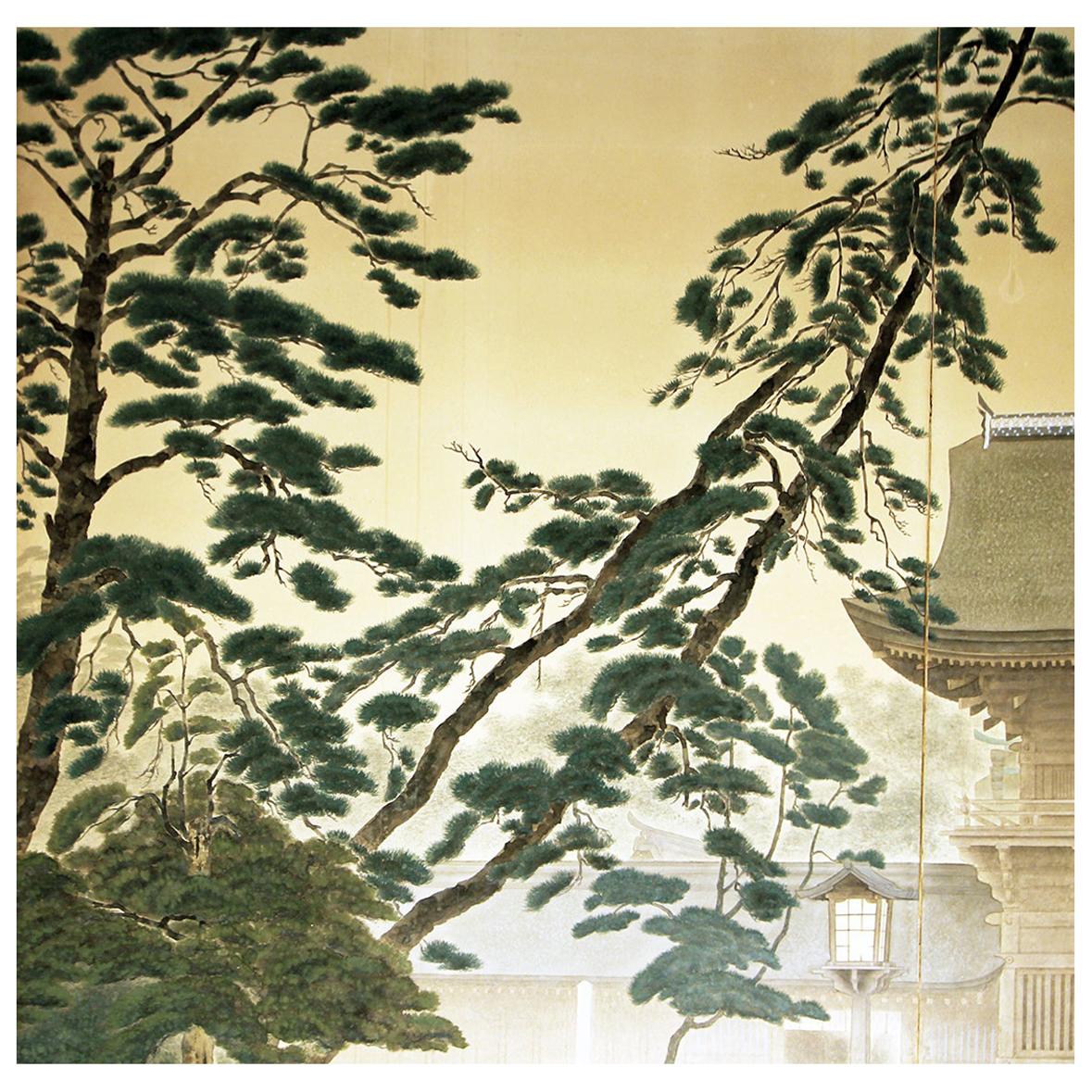 19th Landscape with Forest Tall Trees and Temple, Japanese Screen Hand Paint