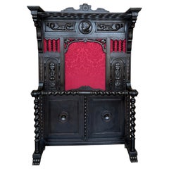 19th Large Carved Spanish Solid Walnut Coat Rack Stand with Red Damask Back