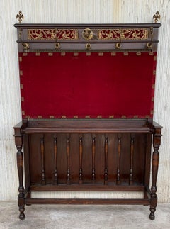 19th Large Carved Spanish Solid Walnut Coat Rack Stand with Red Velvet Back