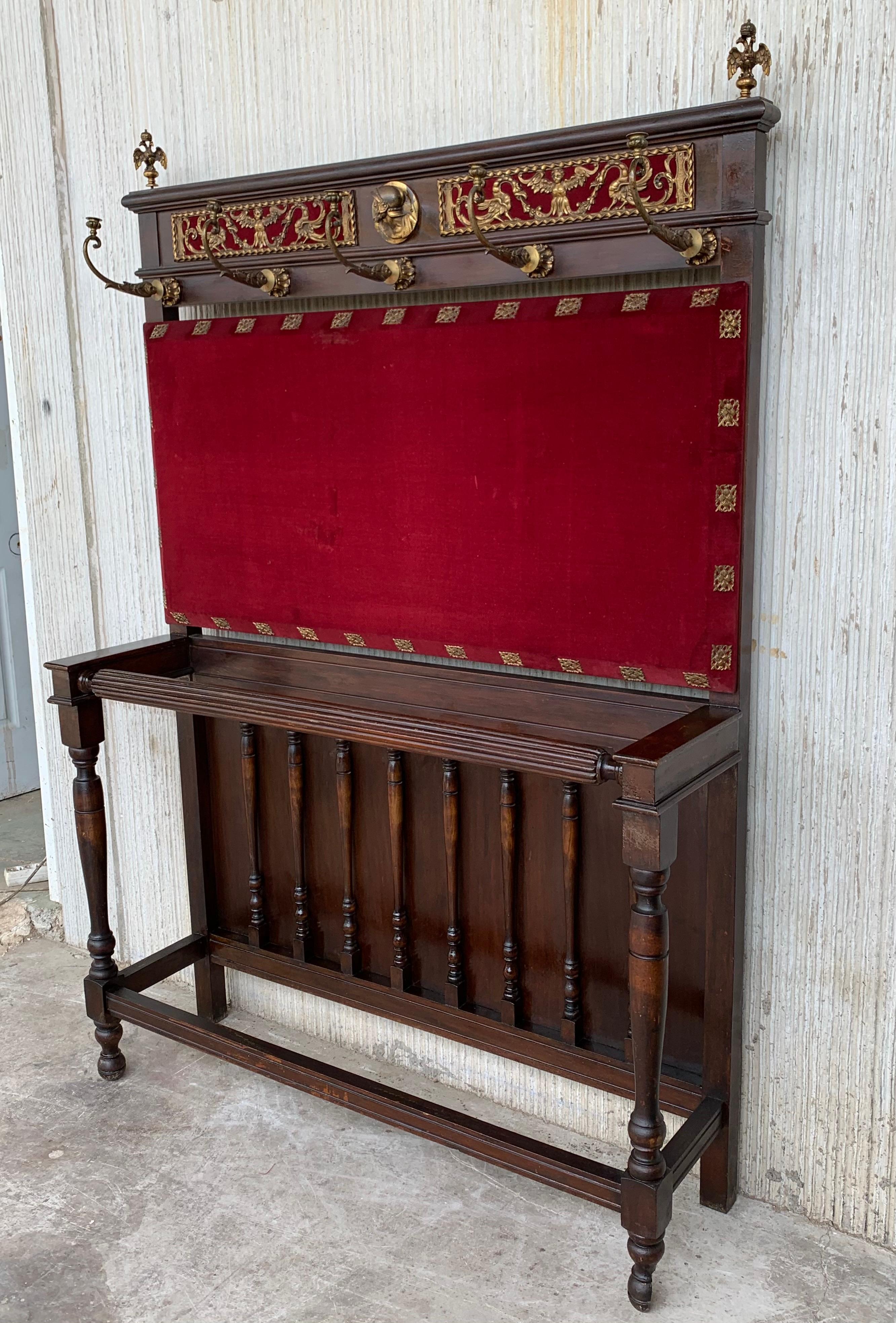 Spanish Colonial 19th Large Carved Spanish Solid Walnut Coat Rack Stand with Red Velvet Back For Sale