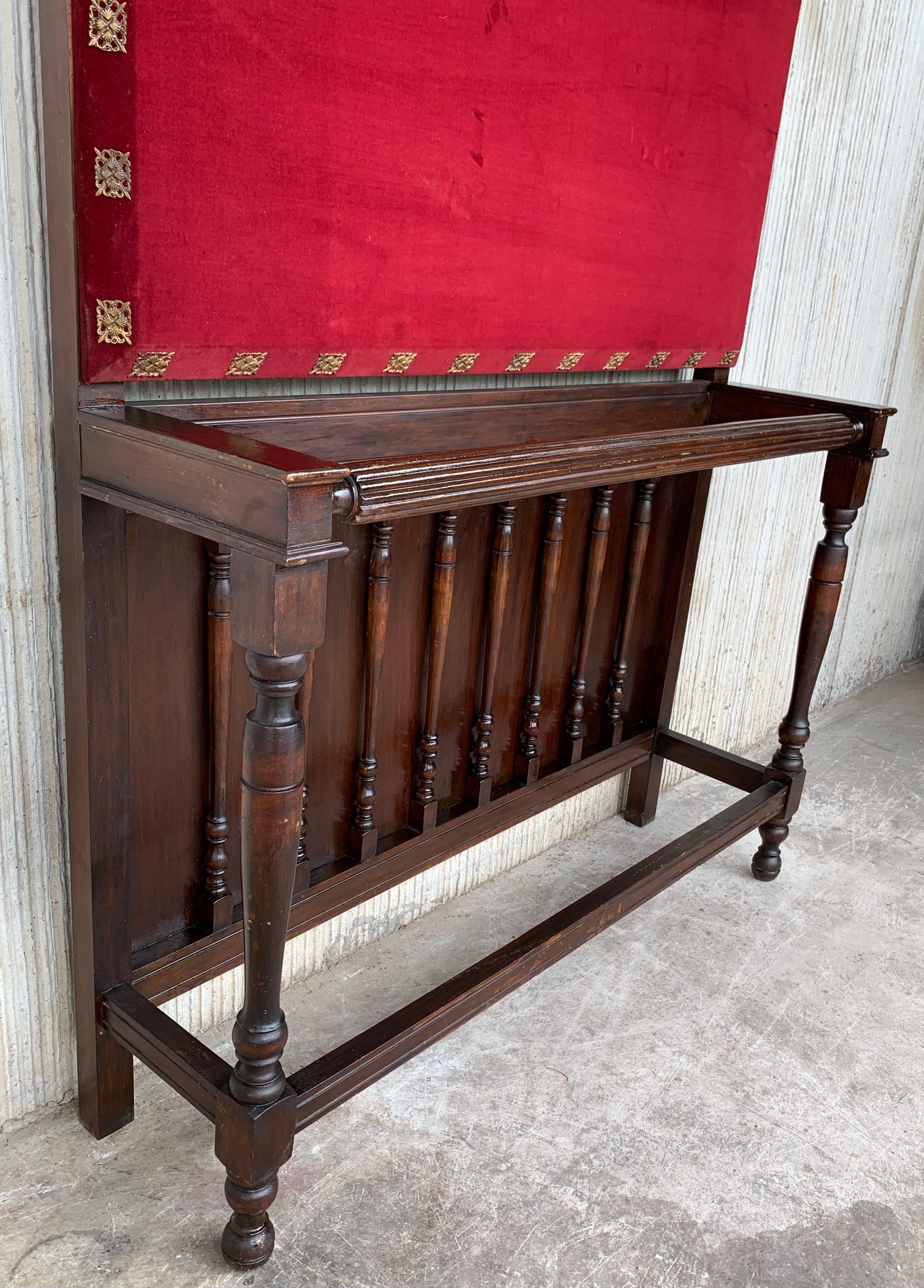 19th Large Carved Spanish Solid Walnut Coat Rack Stand with Red Velvet Back For Sale 4