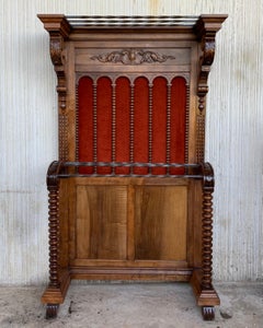 19th Large Carved Spanish Solid Walnut Hall Stand with Red Velvet Back