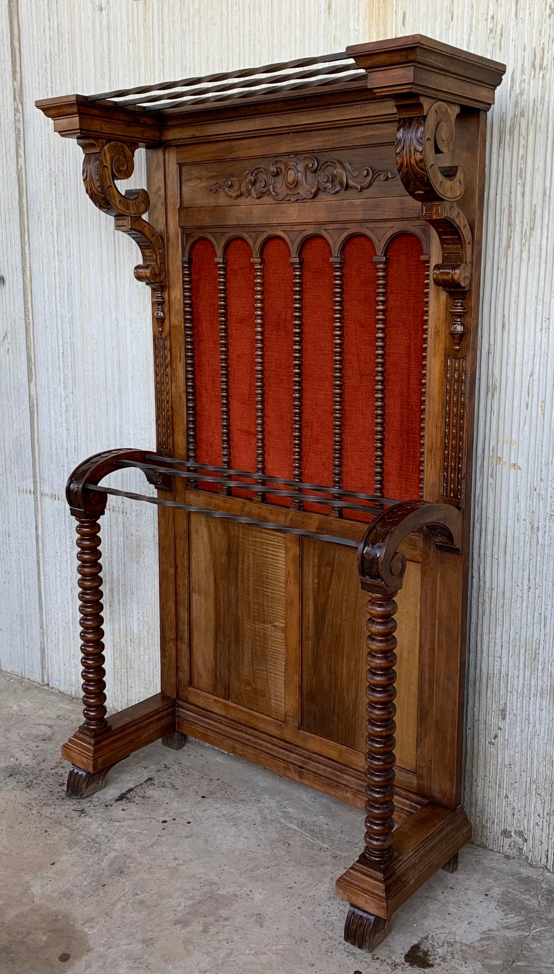 Spanish Colonial 19th Large Carved Spanish Solid Walnut Hall Stand with Red Velvet Back For Sale