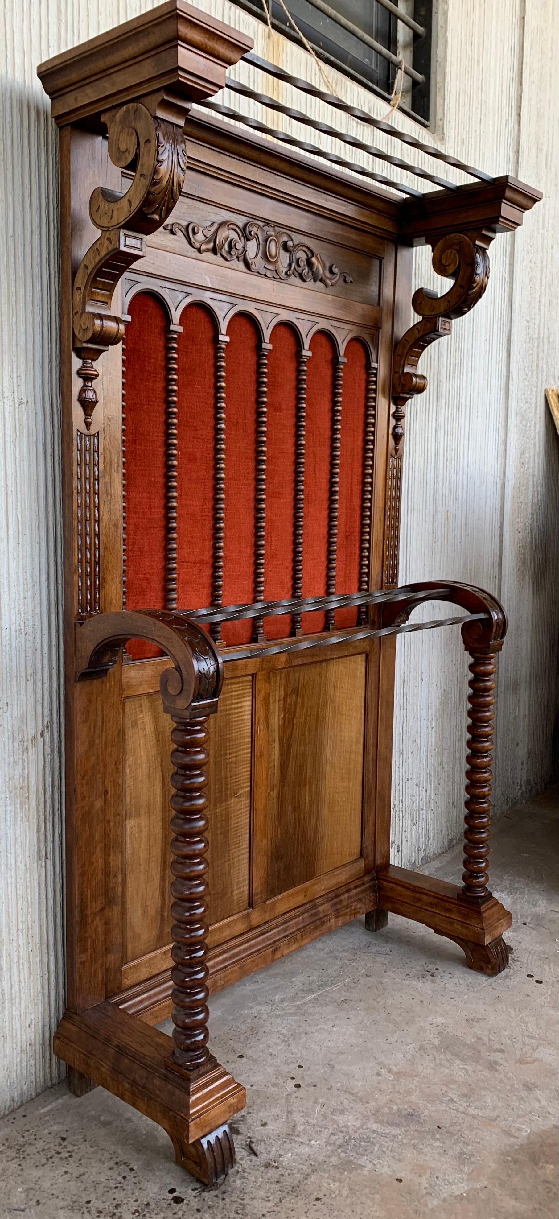 19th Large Carved Spanish Solid Walnut Hall Stand with Red Velvet Back In Good Condition For Sale In Miami, FL