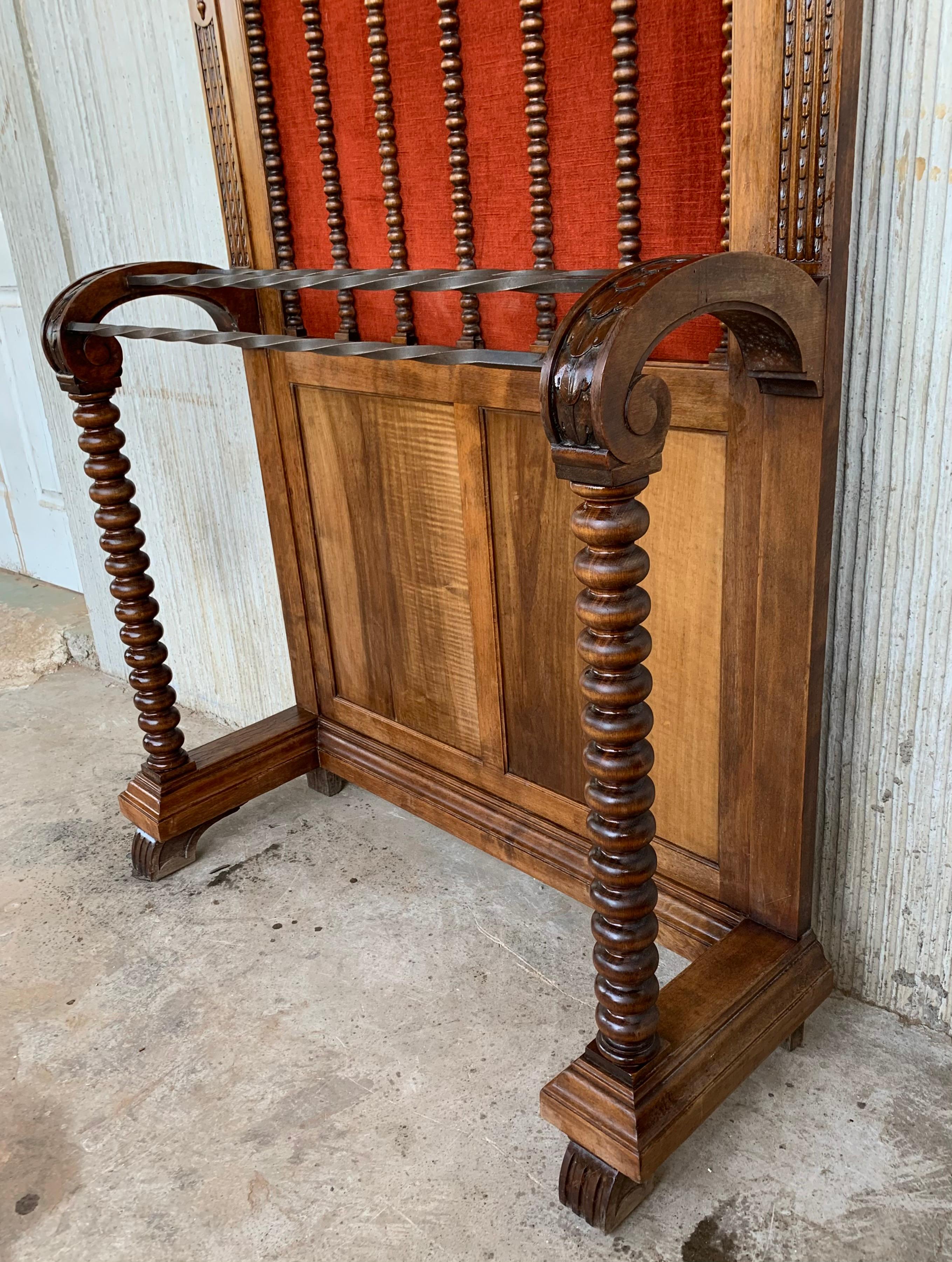 19th Large Carved Spanish Solid Walnut Hall Stand with Red Velvet Back For Sale 2