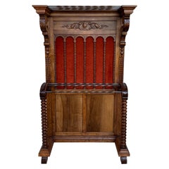 Antique 19th Large Carved Spanish Solid Walnut Hall Stand with Red Velvet Back
