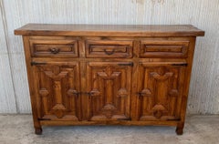 19th Large Catalan Spanish Baroque Carved Light Walnut Credenza or Buffet