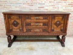 Large Catalan Spanish Buffet with Two Doors, Three Drawers and Mirror Crest