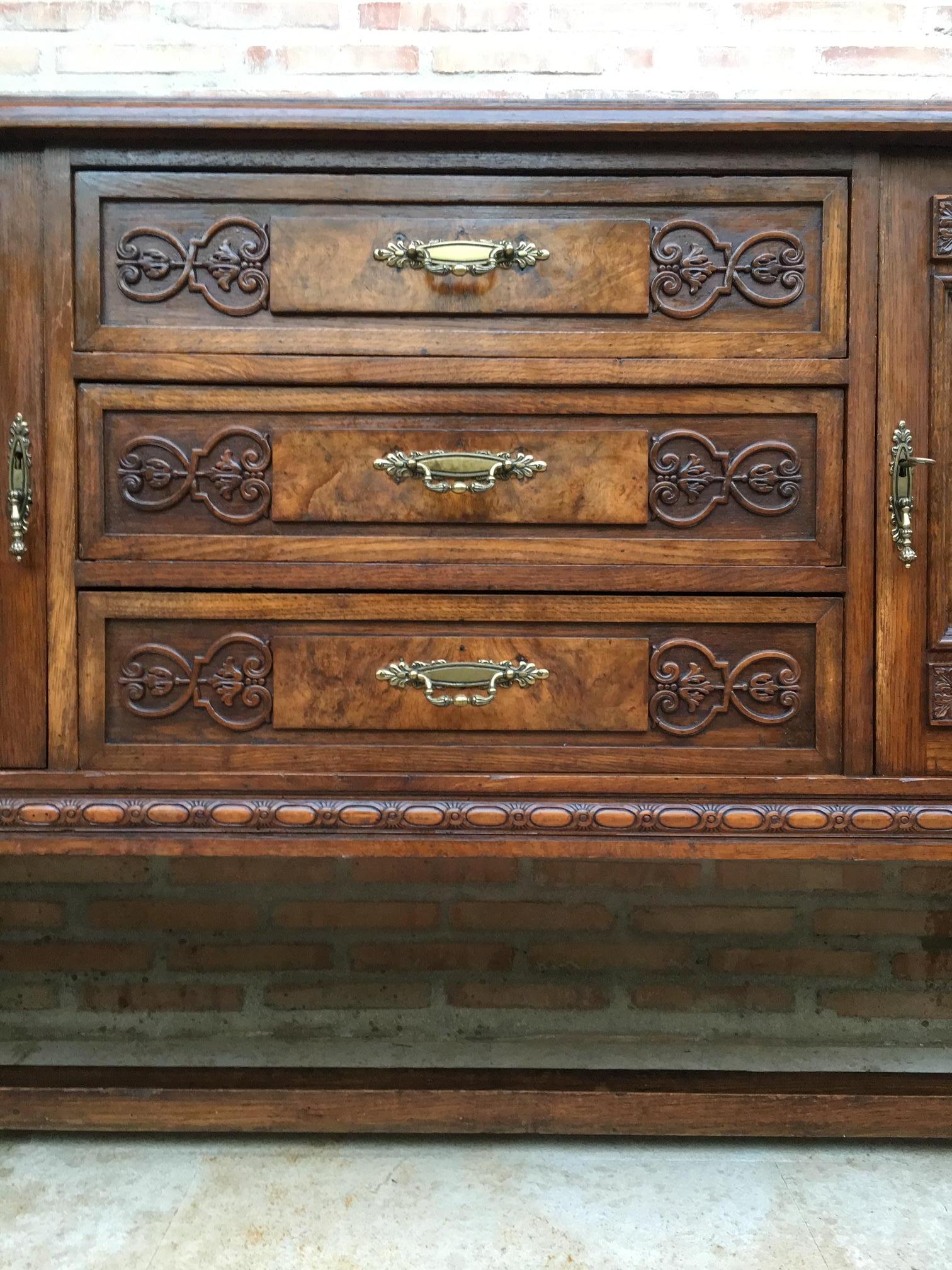 Spanish Colonial Large Catalan Spanish Buffet with Two Doors, Three Drawers and Mirror Crest For Sale