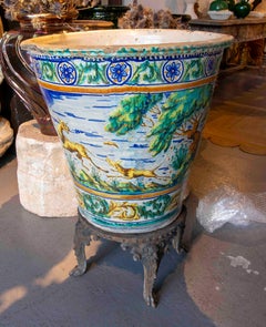 19th Large Hand-Painted Ceramic Triana Flowerpot with Hunting Scene