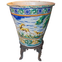 19th Large Hand-Painted Ceramic Triana Flowerpot with Hunting Scene