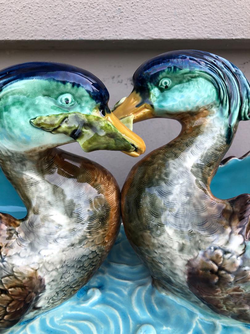 French 19th Century Large Majolica Jardiniere with 2 Ducks Sarreguemines For Sale