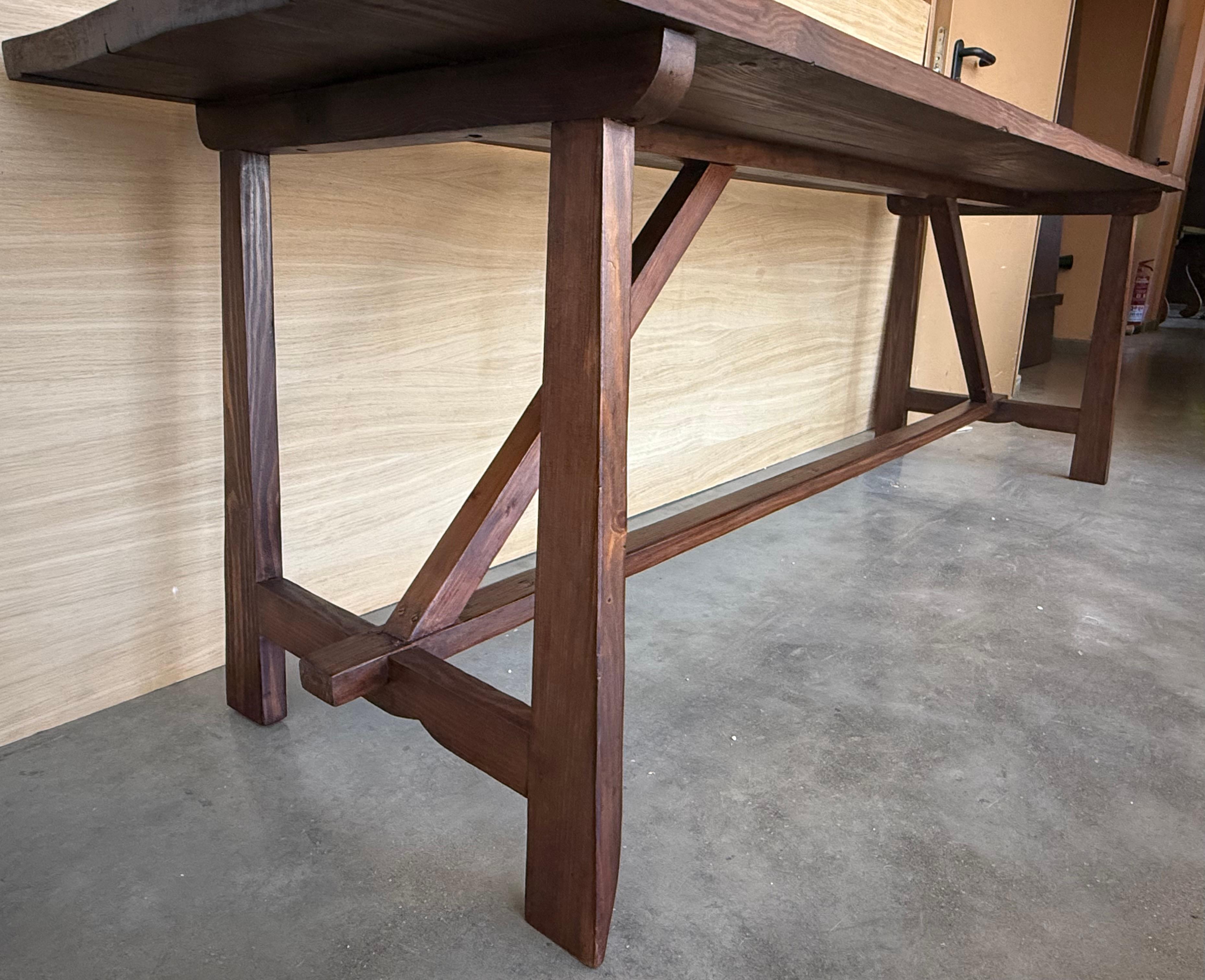 19th Large Spanish Dining or Desk Table with Carved Legs and Wood Stretcher For Sale 4